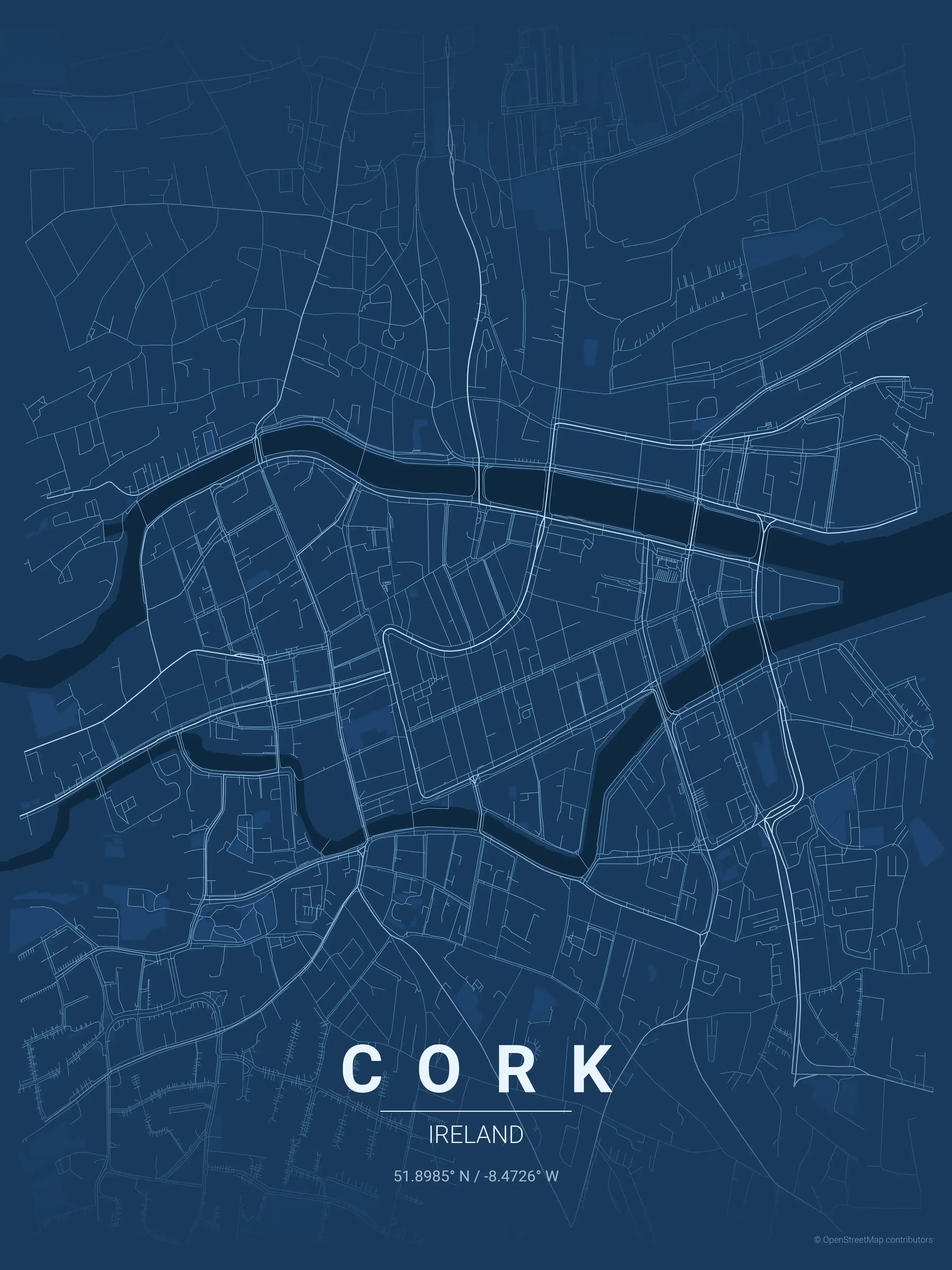 Minimalist blueprint street map of Cork, Ireland - Urban grid art
