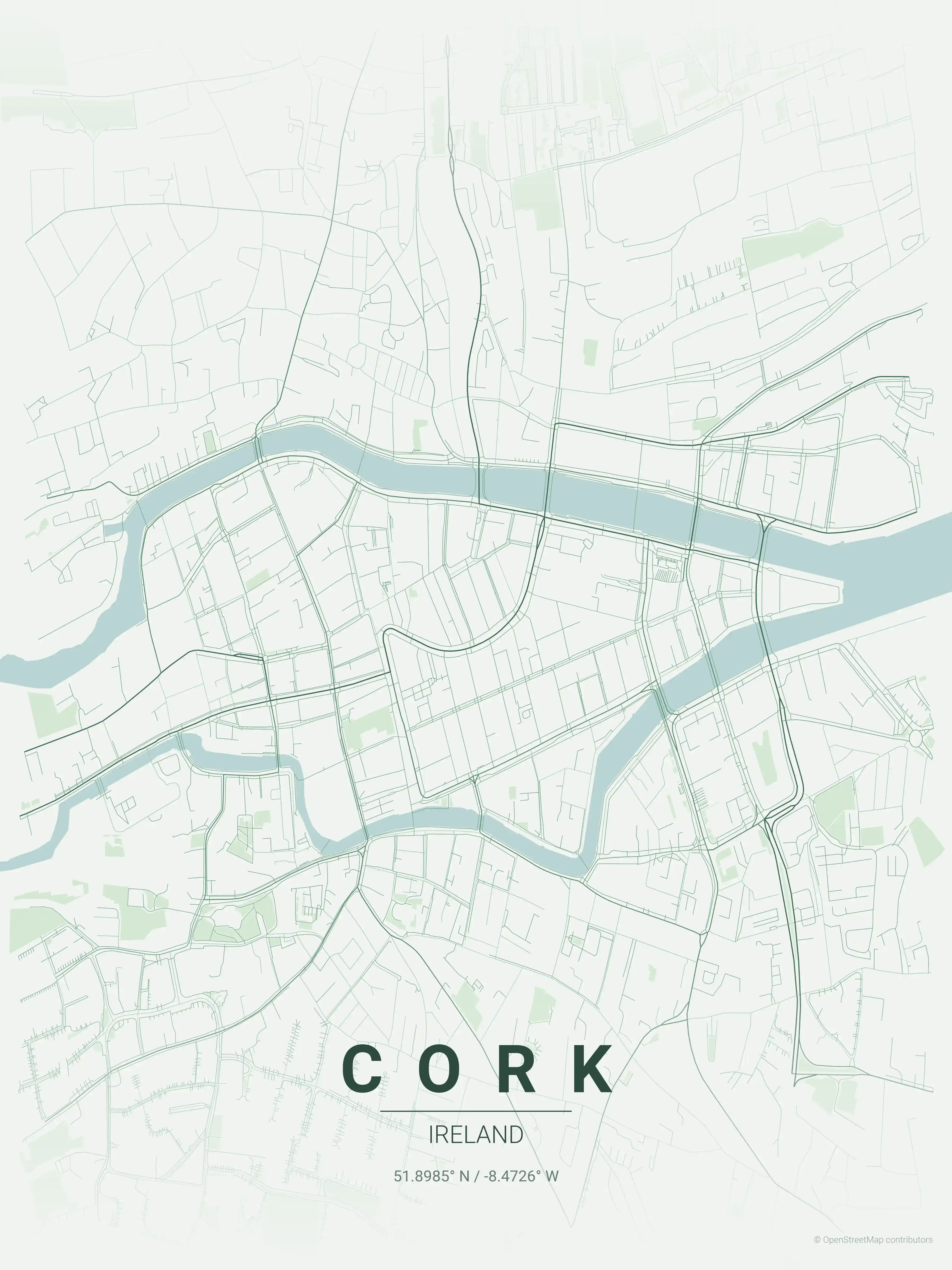 Minimalist forest street map of Cork, Ireland - Urban grid art