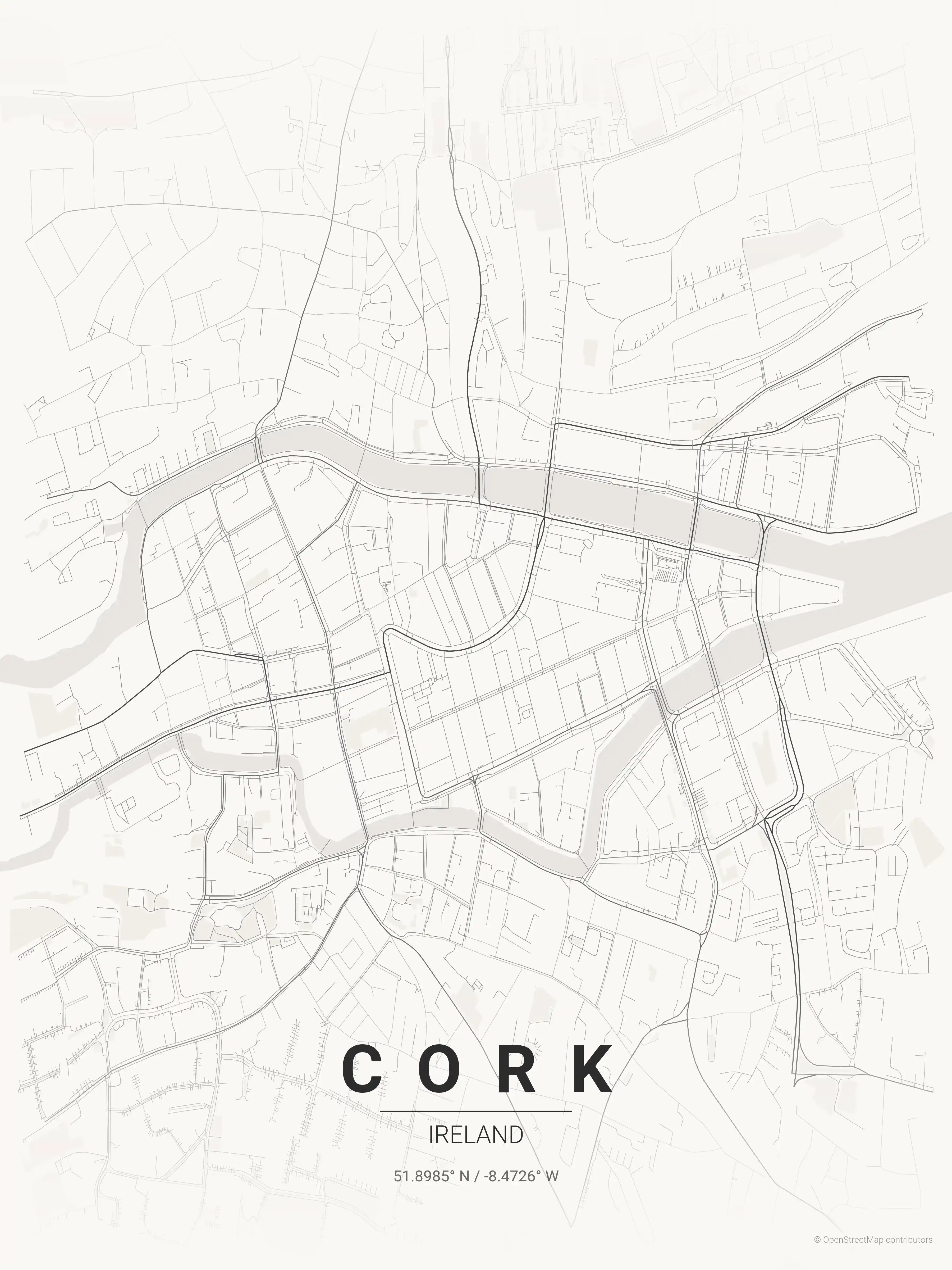 Minimalist japanese_ink street map of Cork, Ireland - Urban grid art