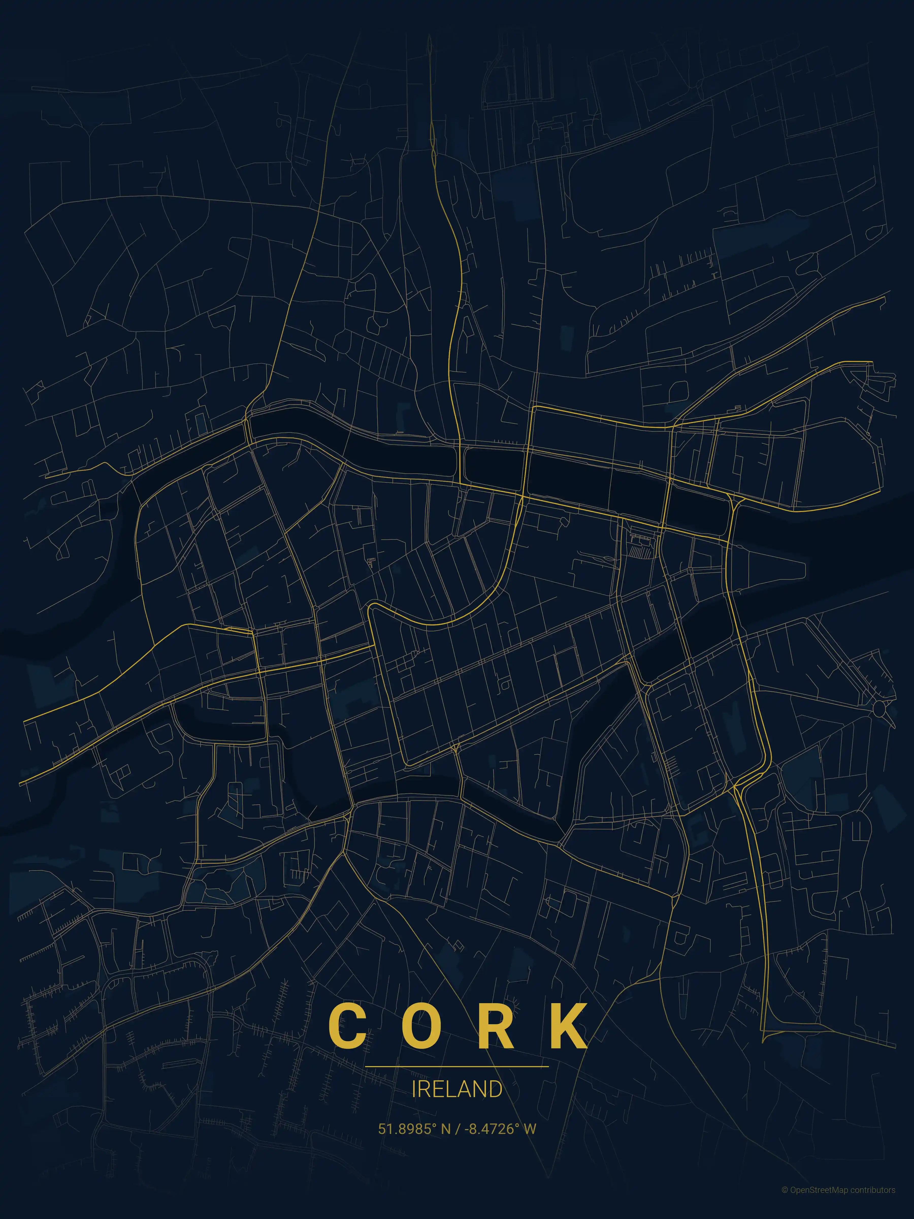 Minimalist midnight_blue street map of Cork, Ireland - Urban grid art