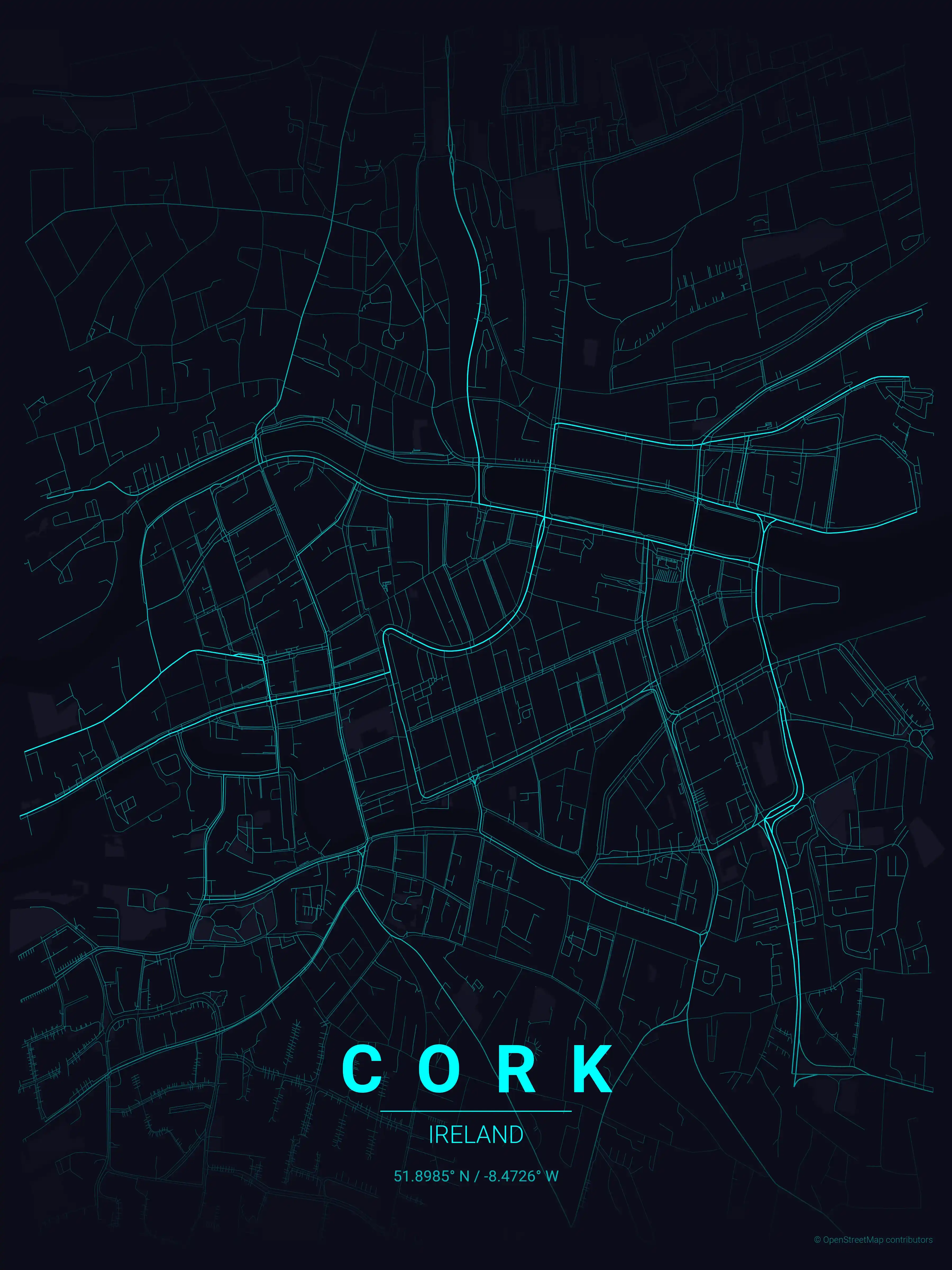 Minimalist neon_cyberpunk street map of Cork, Ireland - Urban grid art