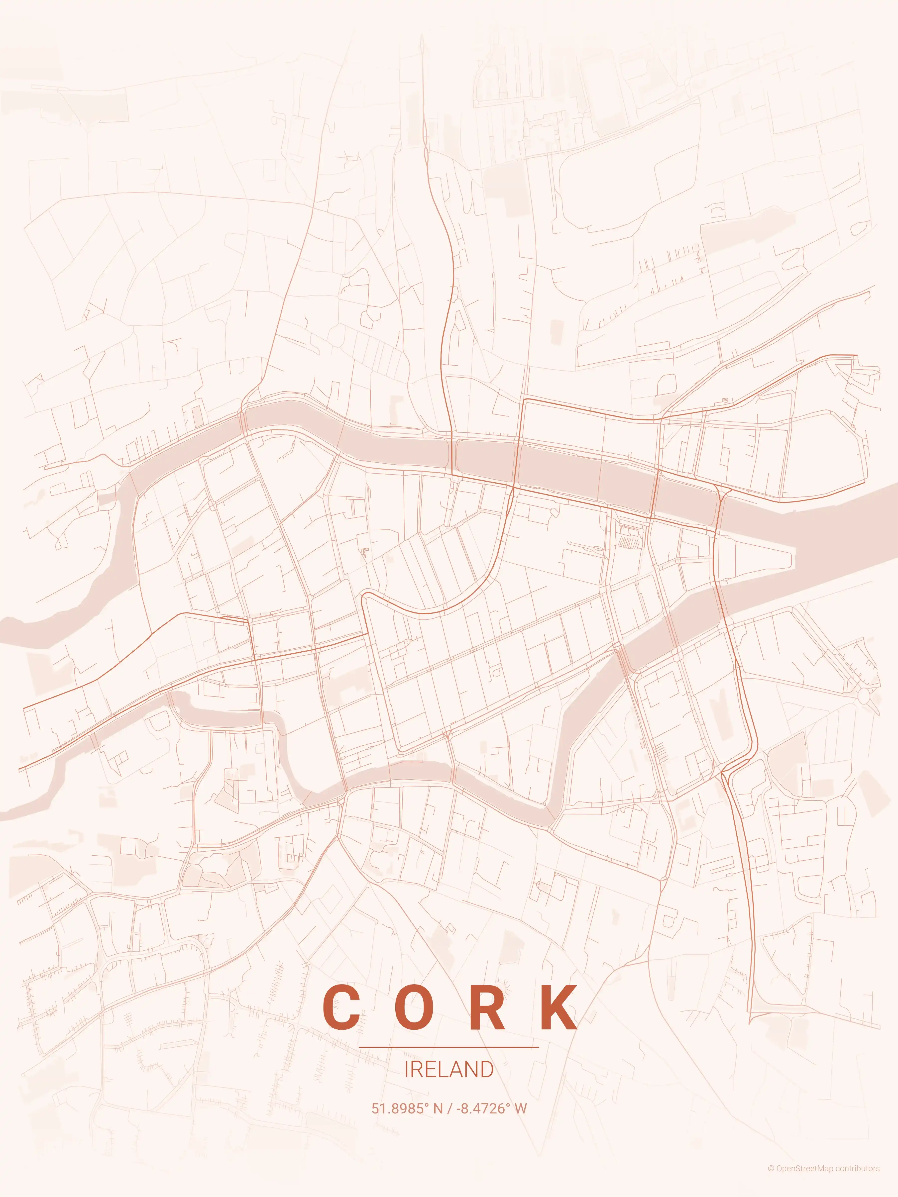 Minimalist sunset street map of Cork, Ireland - Urban grid art
