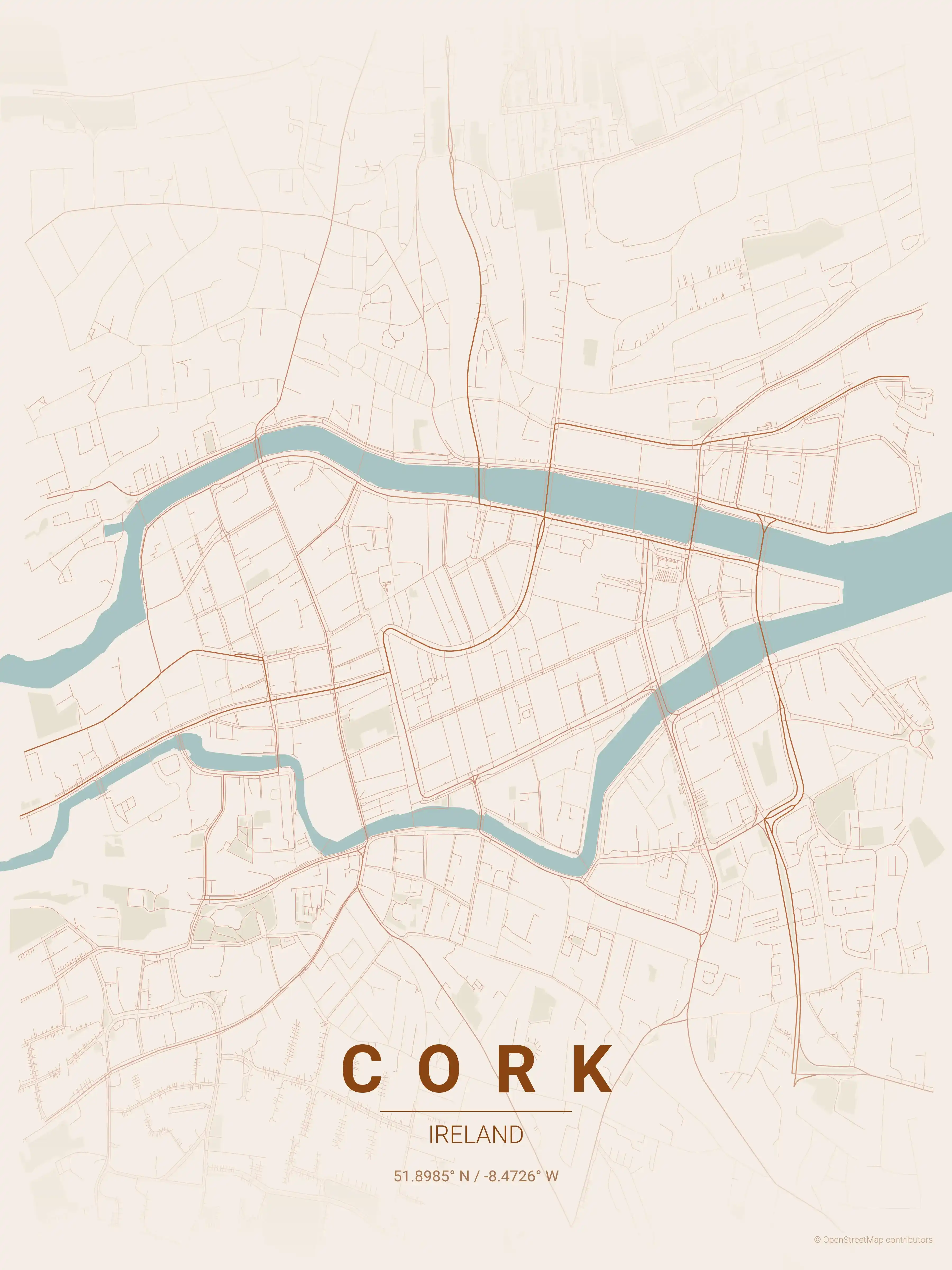 Minimalist terracotta street map of Cork, Ireland - Urban grid art