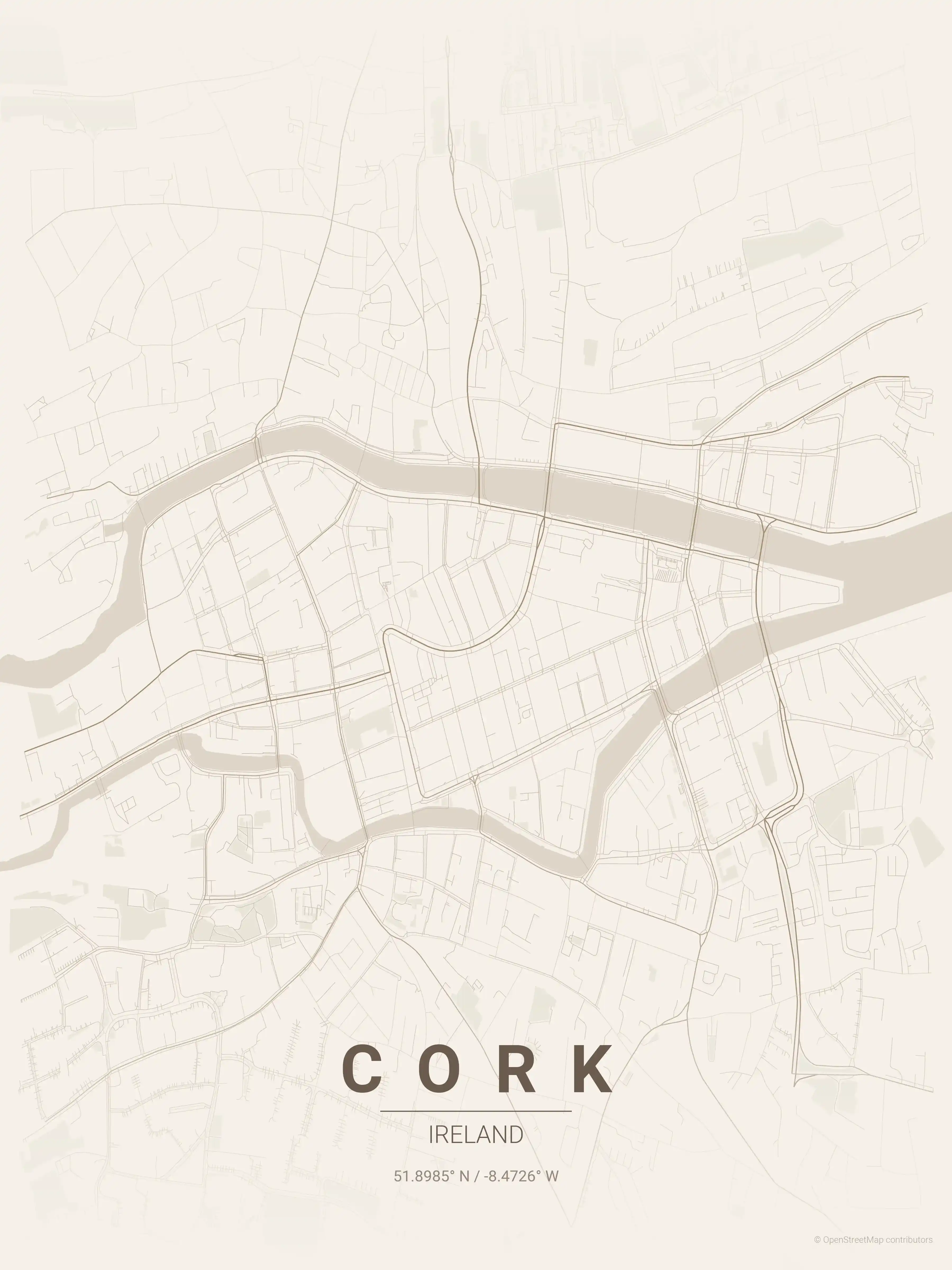 Minimalist warm_beige street map of Cork, Ireland - Urban grid art
