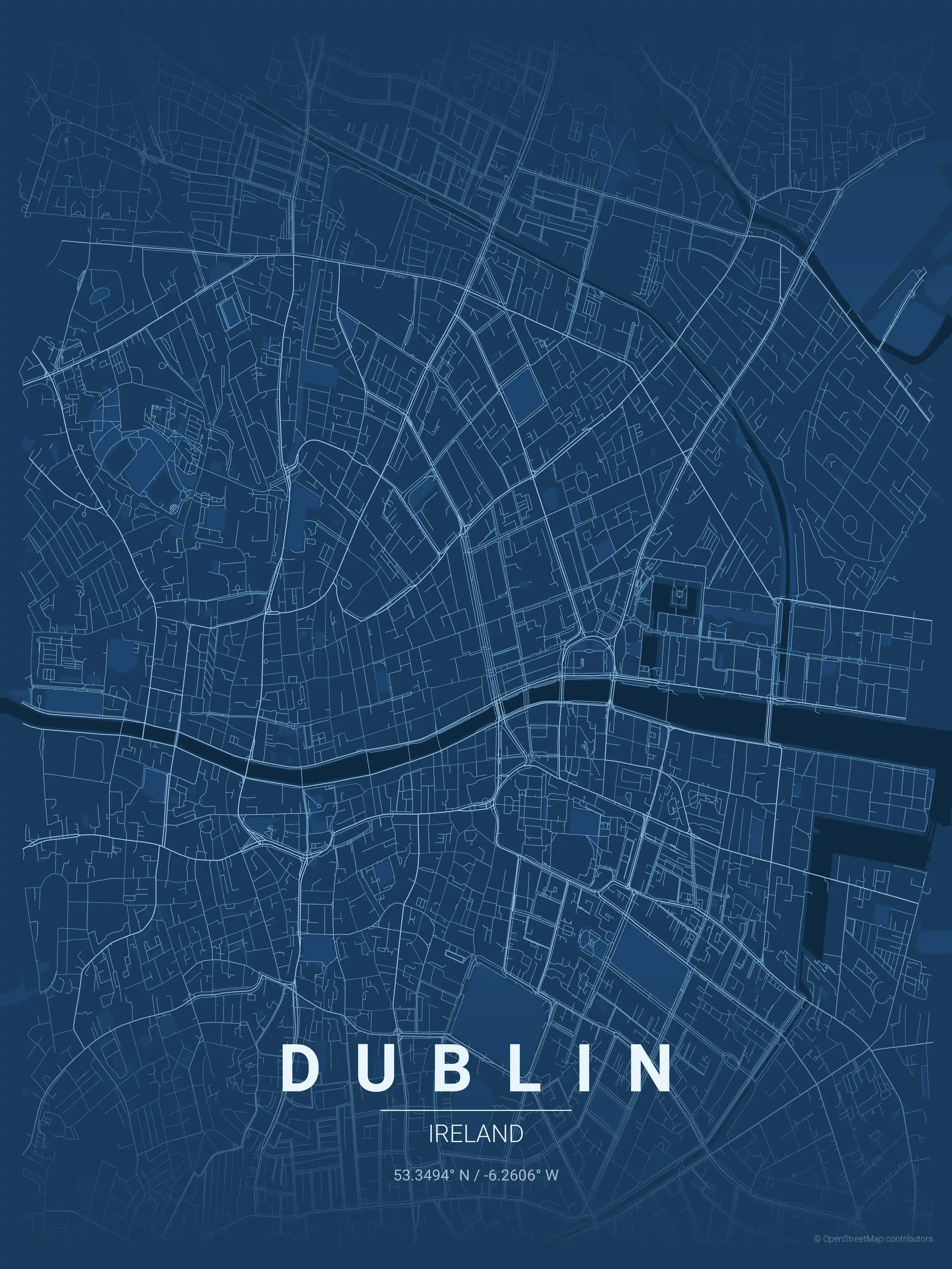 Minimalist blueprint street map of Dublin, Ireland - Urban grid art