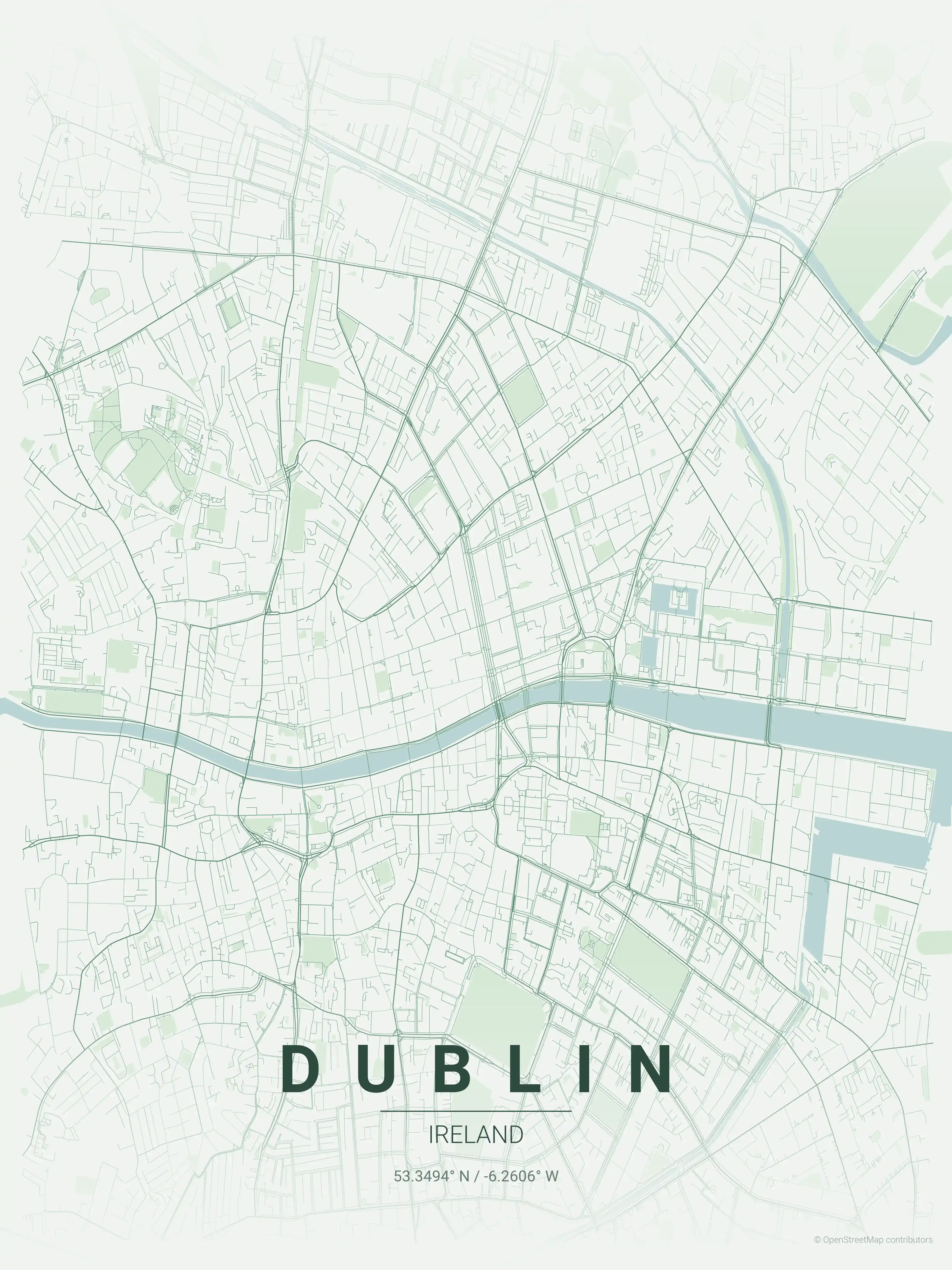 Minimalist forest street map of Dublin, Ireland - Urban grid art