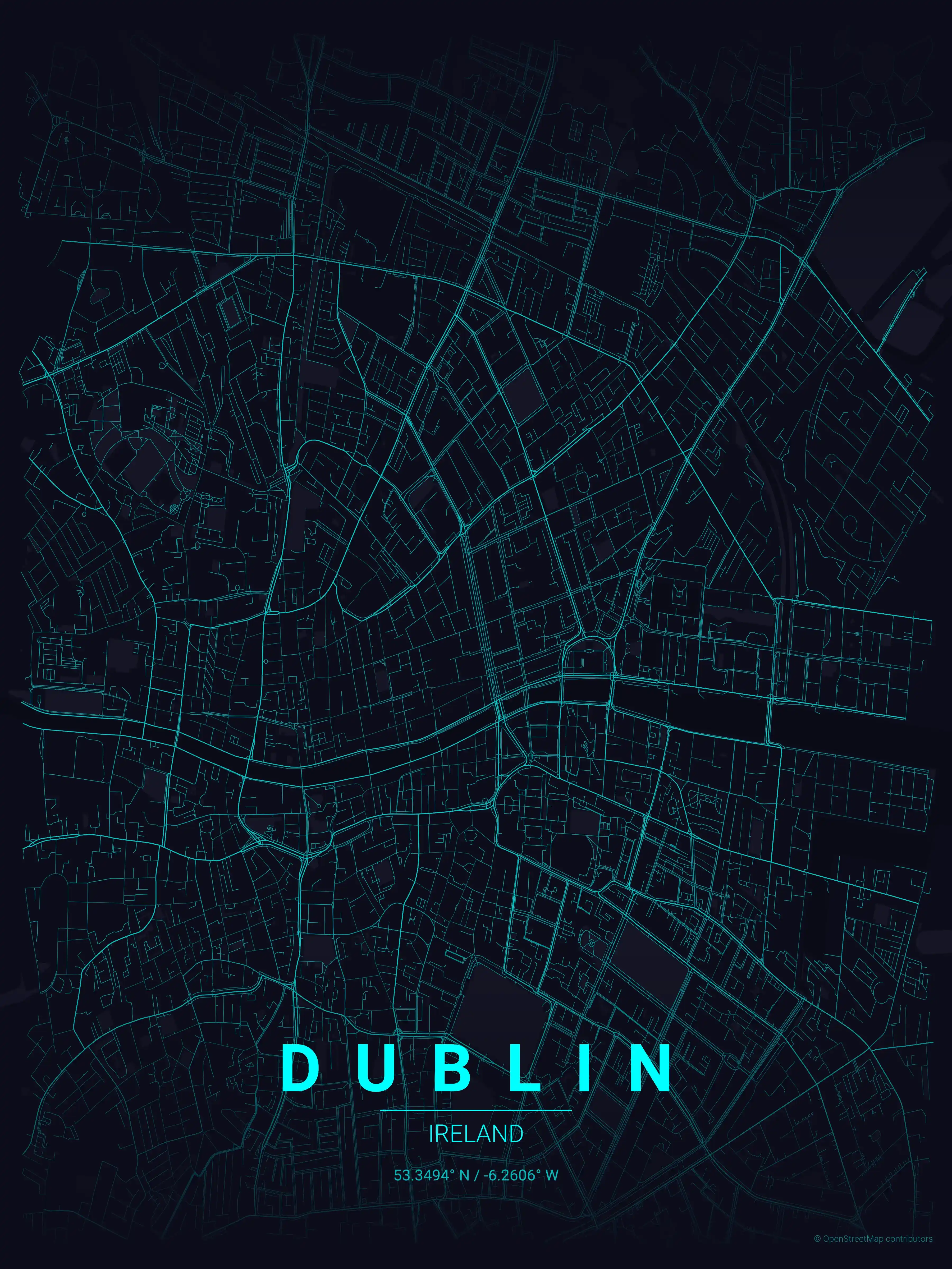 Minimalist neon_cyberpunk street map of Dublin, Ireland - Urban grid art