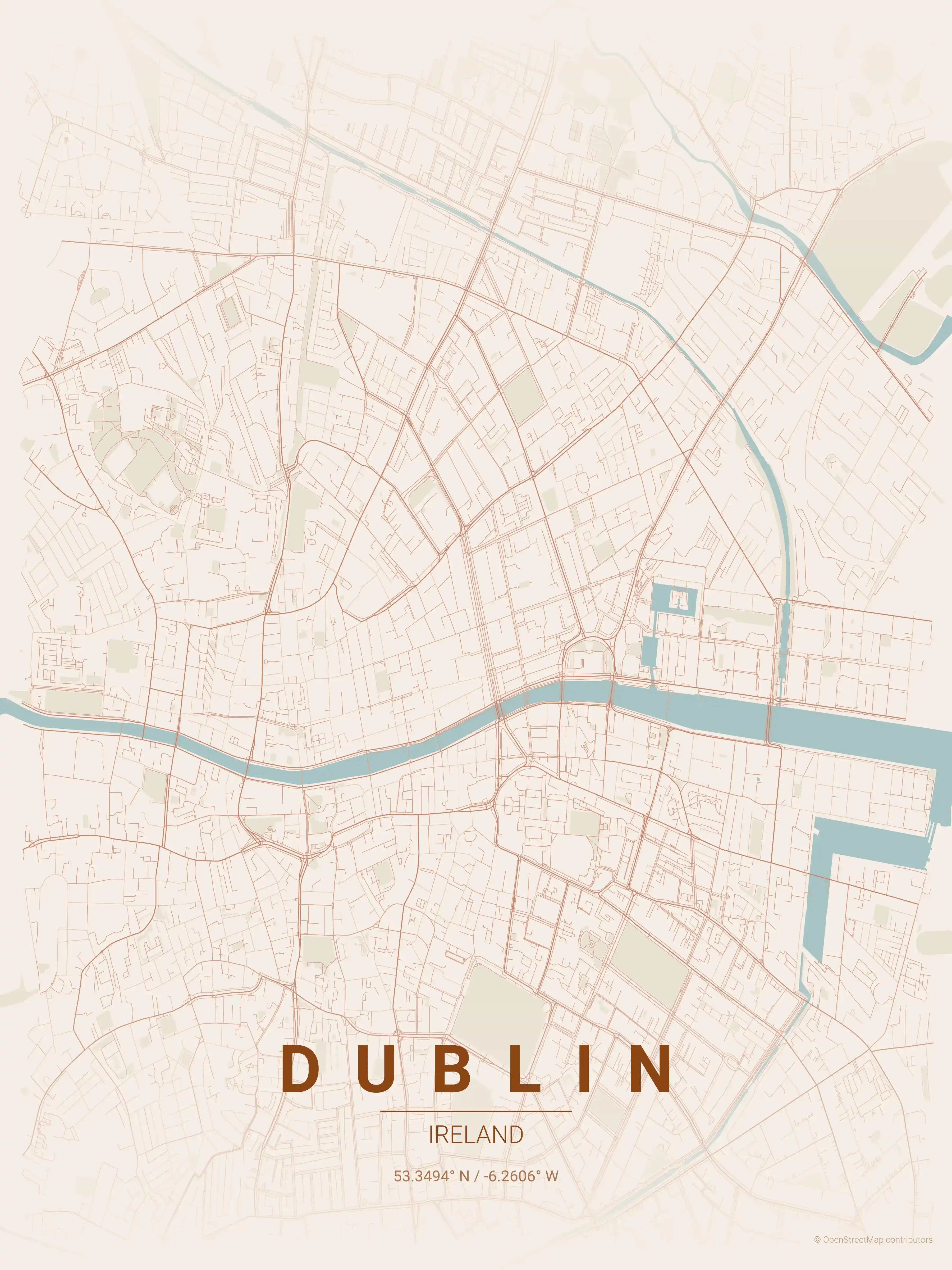 Minimalist terracotta street map of Dublin, Ireland - Urban grid art