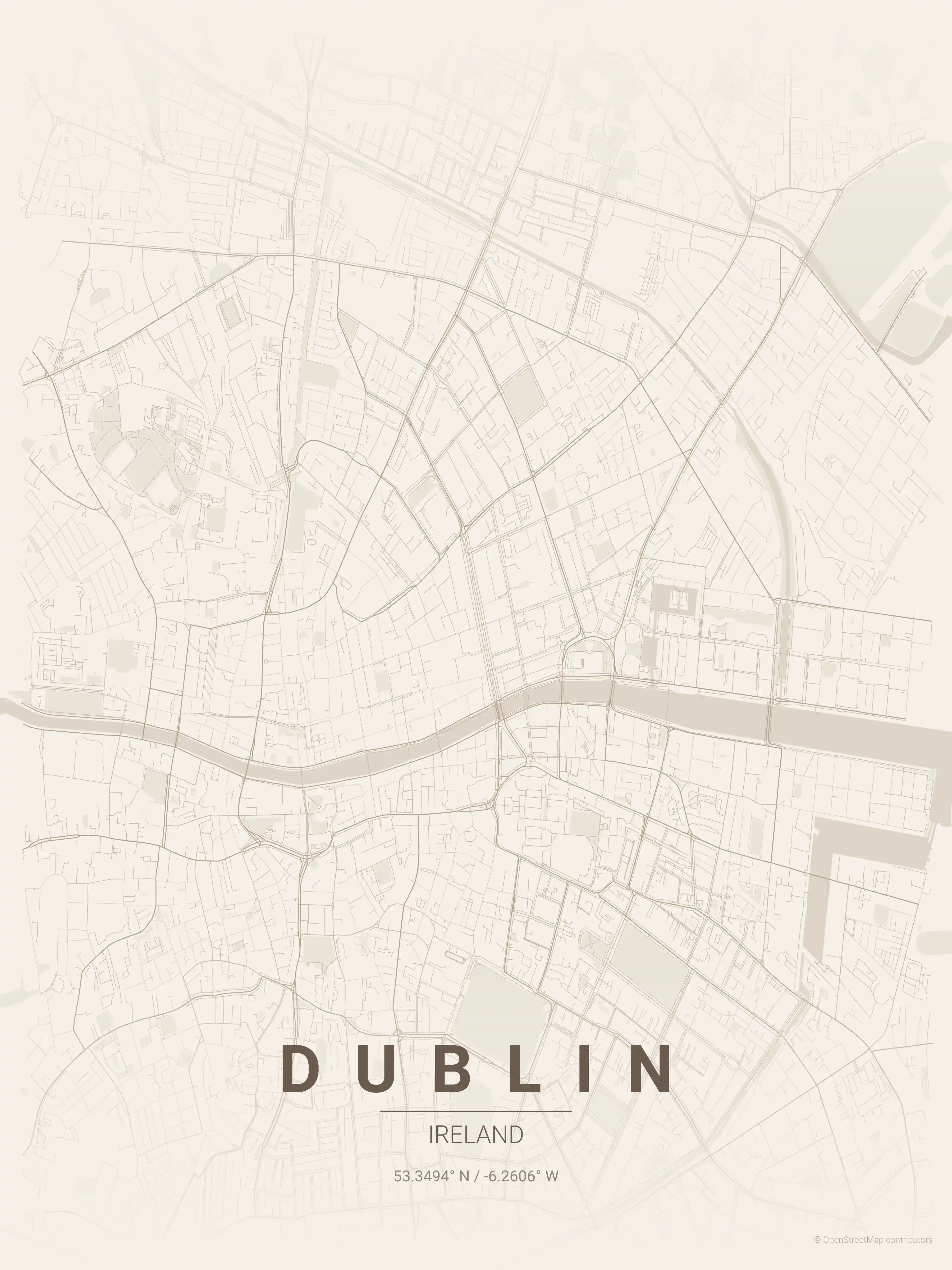 Minimalist warm_beige street map of Dublin, Ireland - Urban grid art