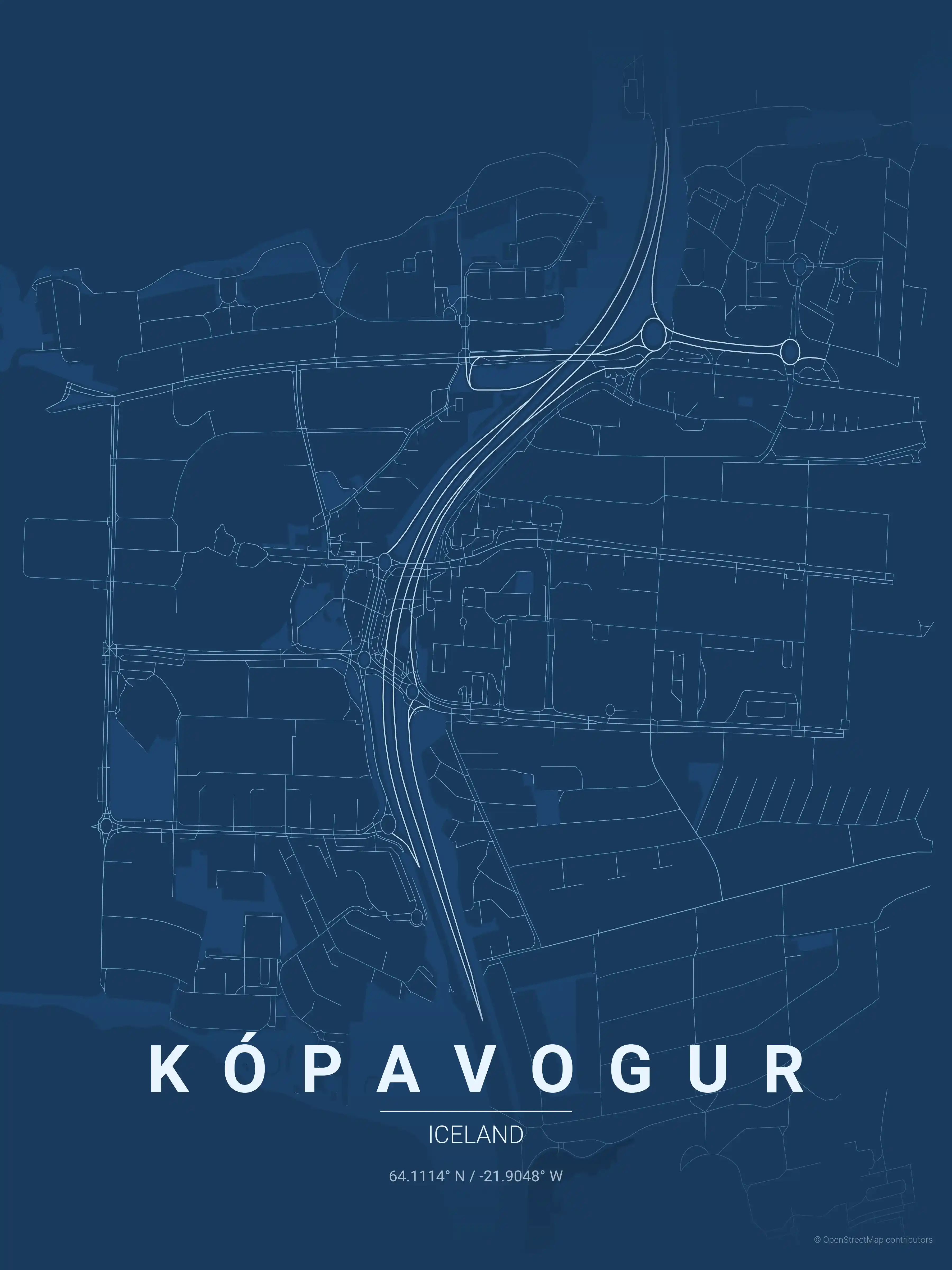 Minimalist blueprint street map of Kópavogur, Iceland - Urban grid art