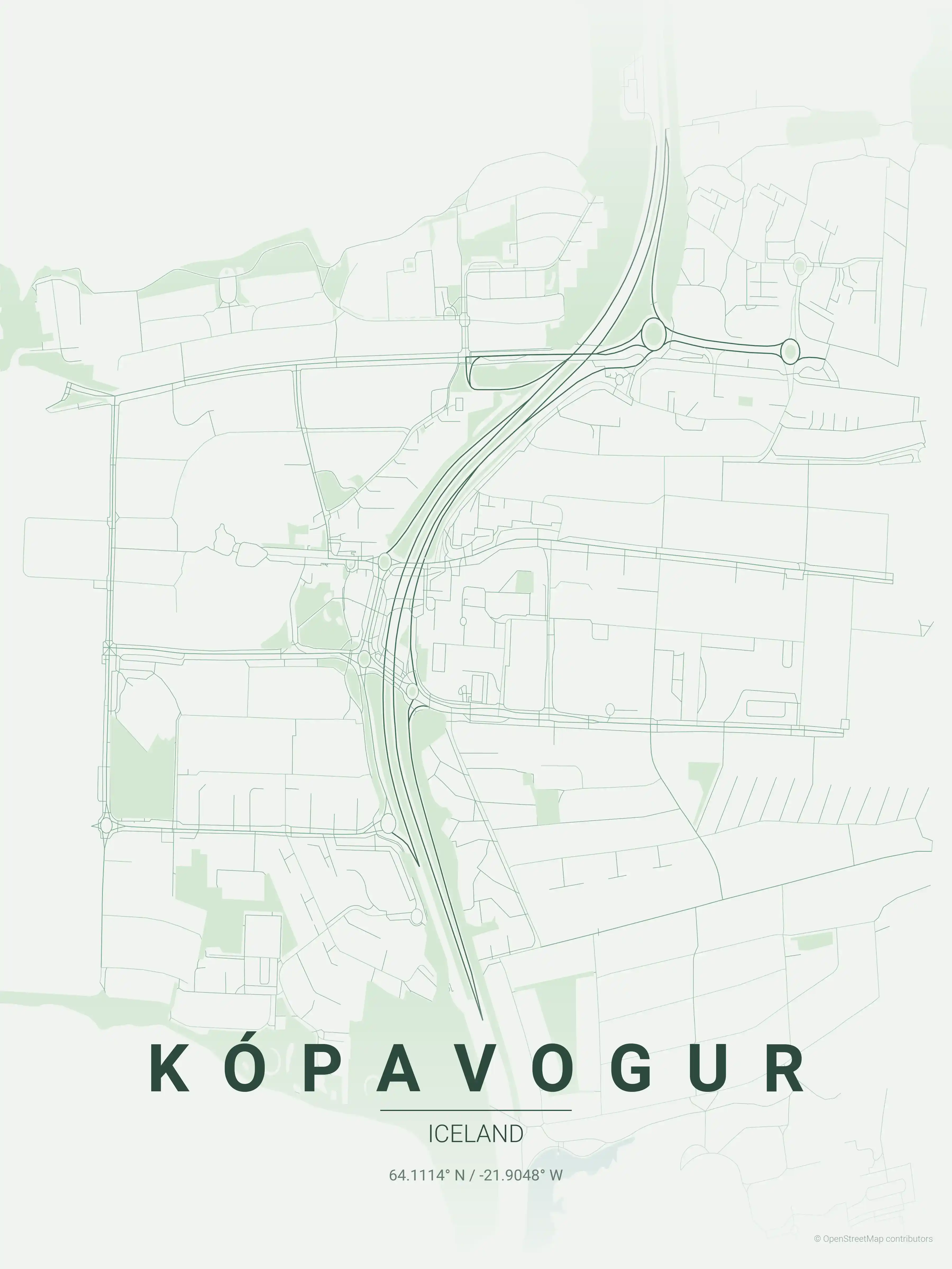 Minimalist forest street map of Kópavogur, Iceland - Urban grid art