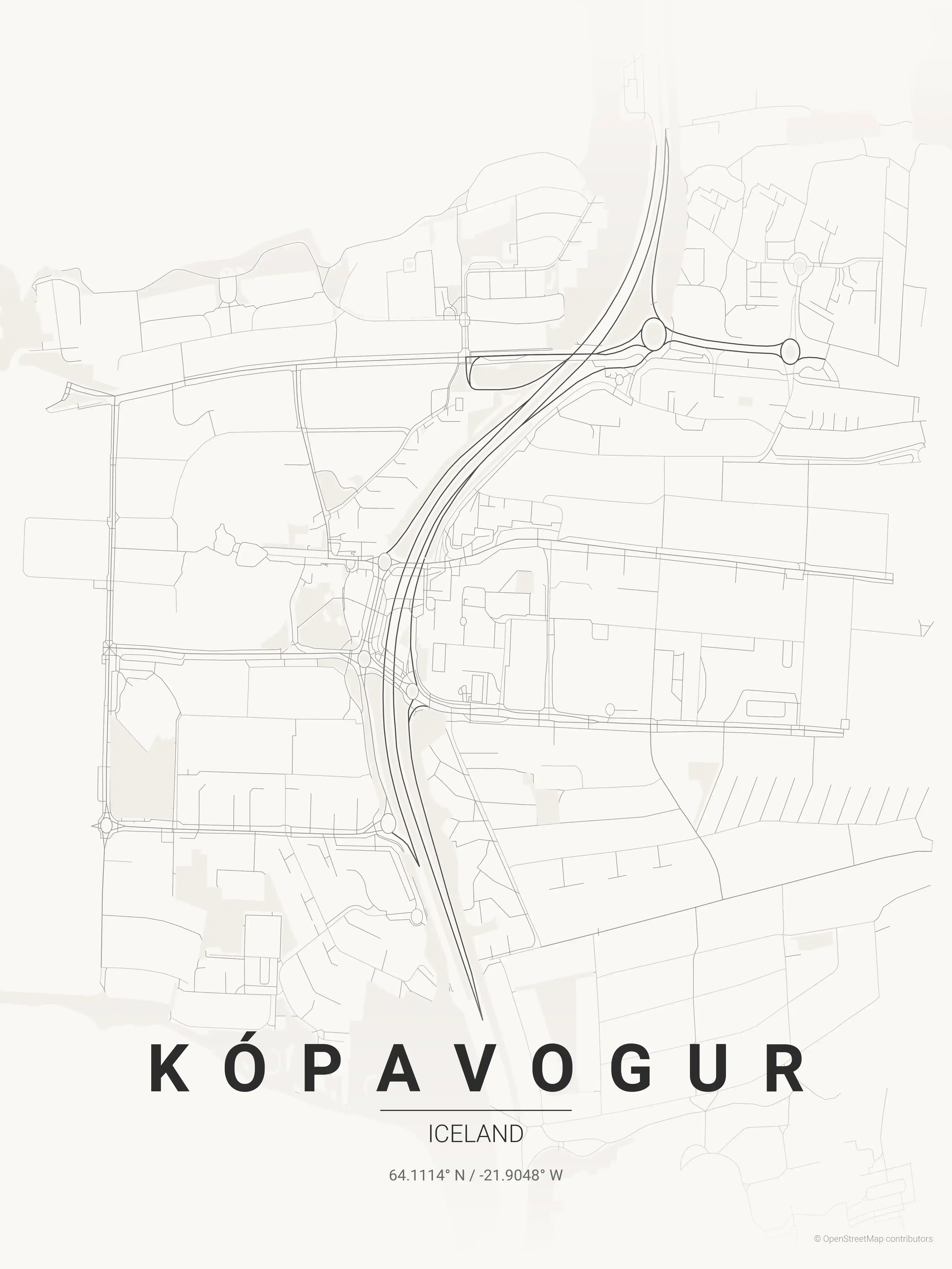 Minimalist japanese_ink street map of Kópavogur, Iceland - Urban grid art