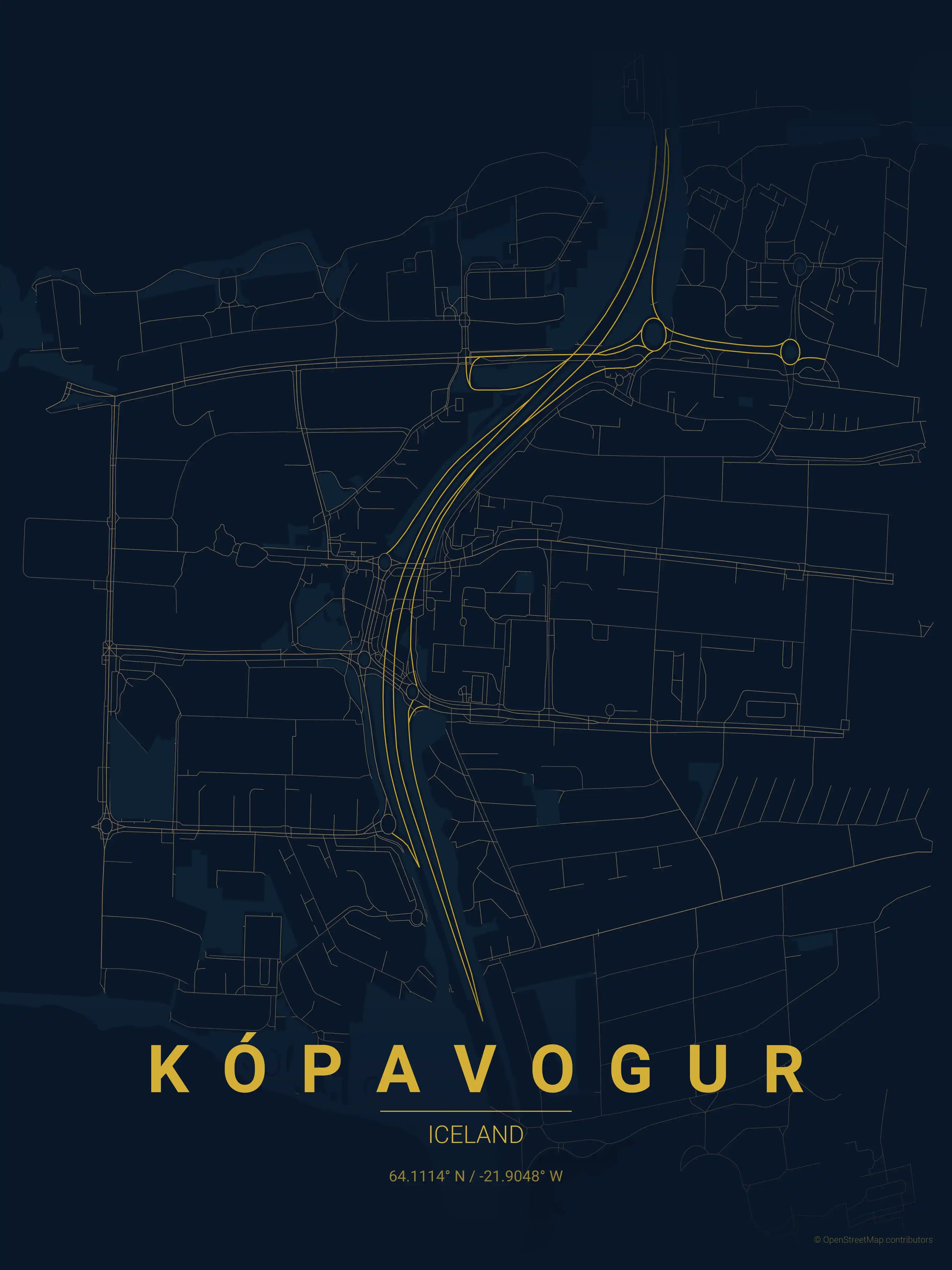 Minimalist midnight_blue street map of Kópavogur, Iceland - Urban grid art