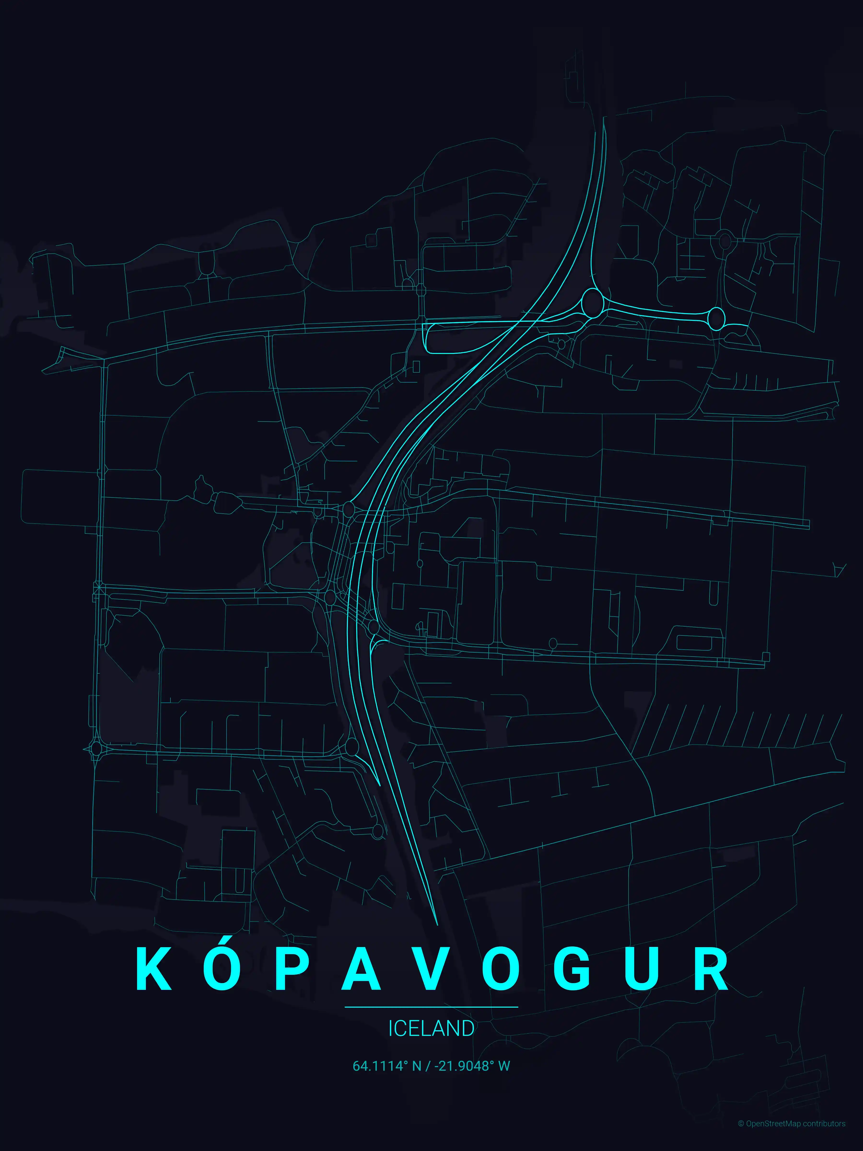 Minimalist neon_cyberpunk street map of Kópavogur, Iceland - Urban grid art