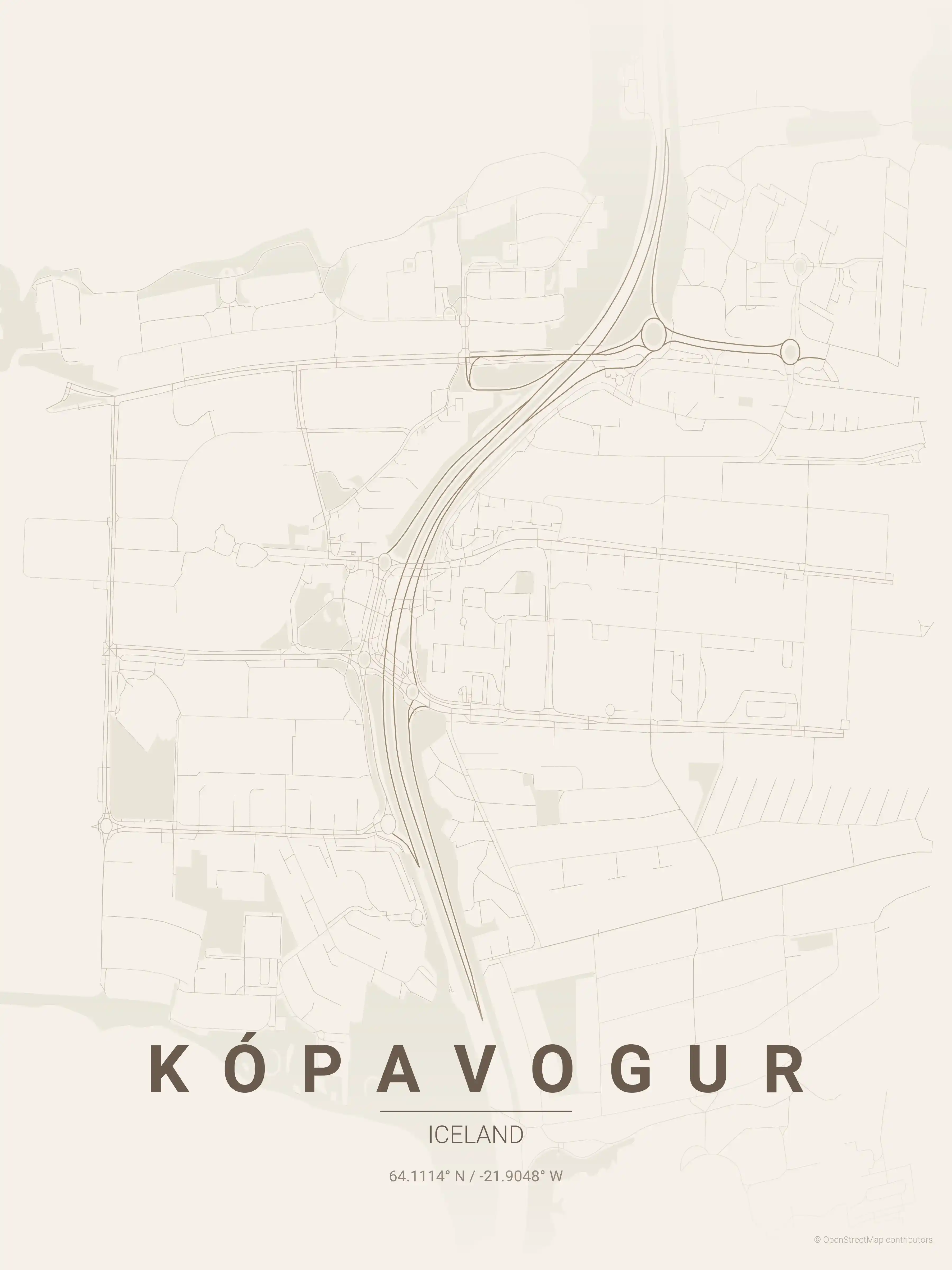 Minimalist warm_beige street map of Kópavogur, Iceland - Urban grid art