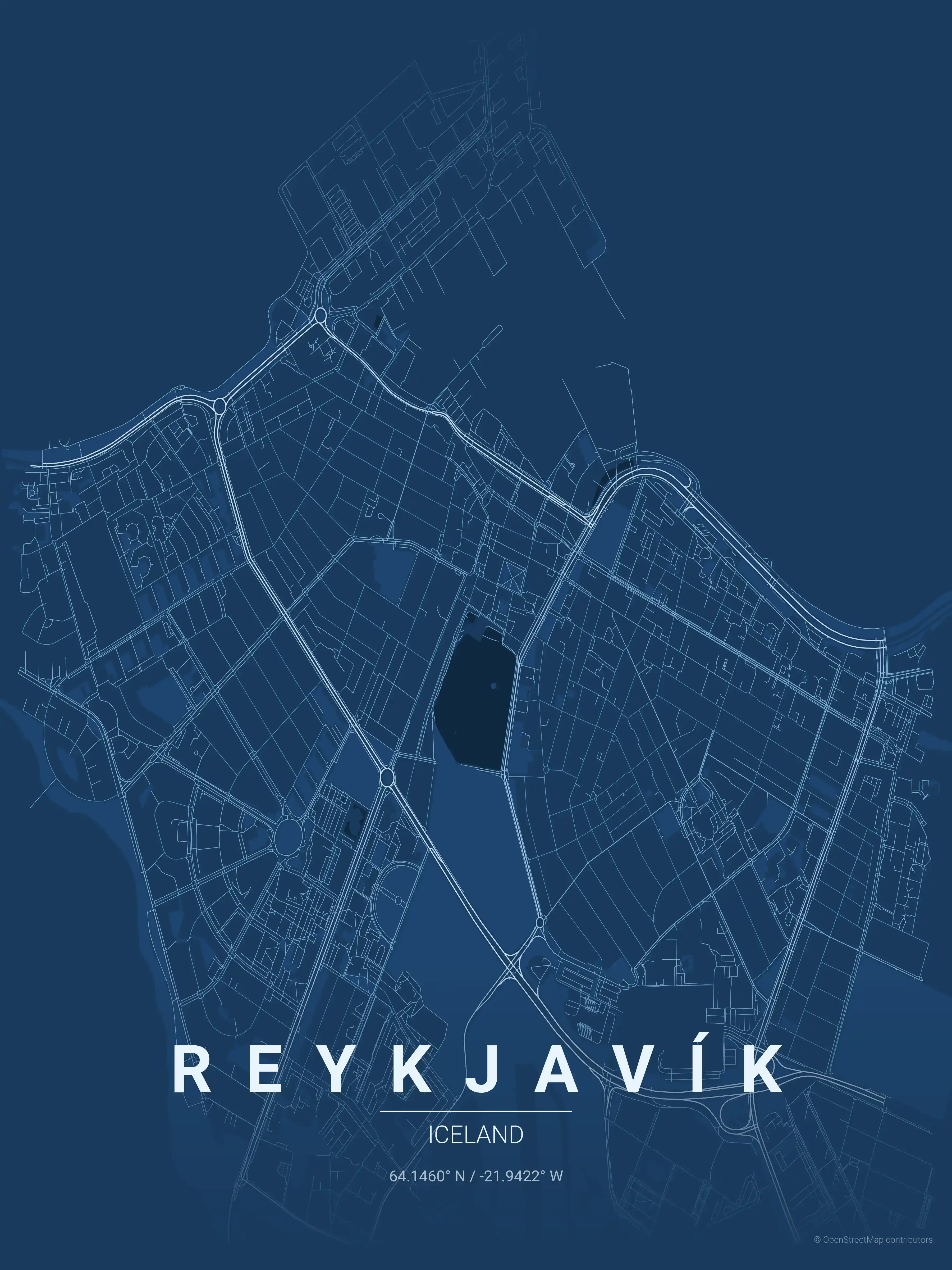 Minimalist blueprint street map of Reykjavík, Iceland - Urban grid art