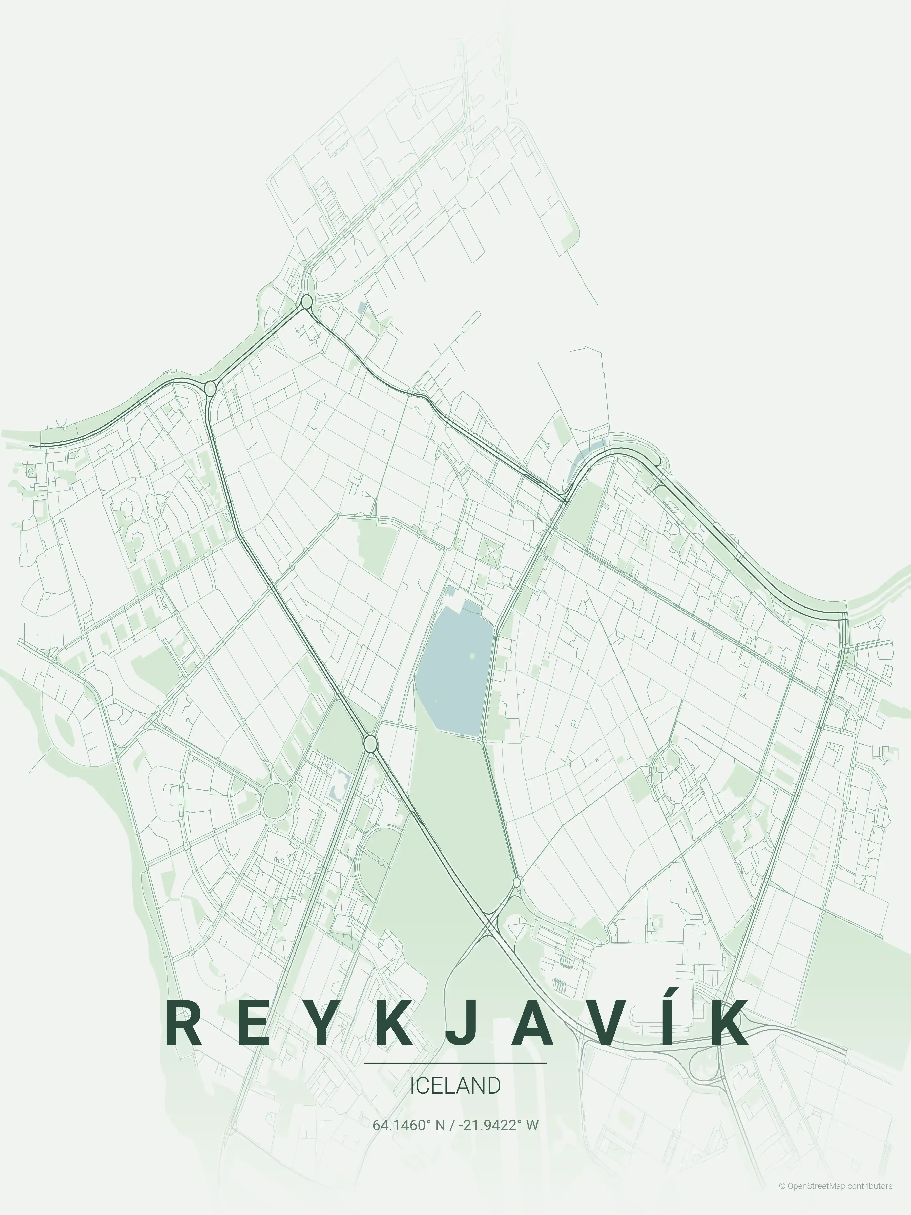 Minimalist forest street map of Reykjavík, Iceland - Urban grid art