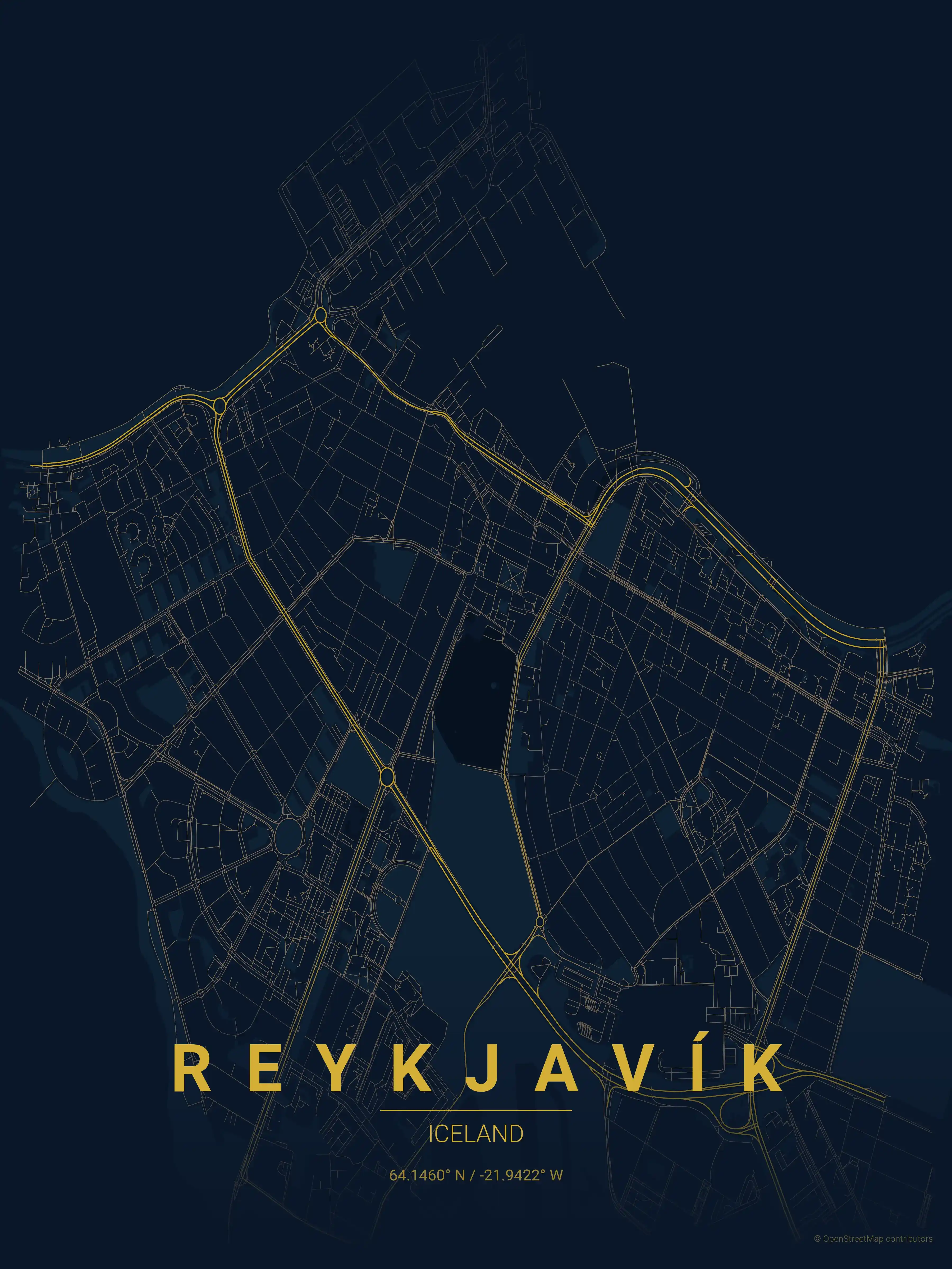 Minimalist midnight_blue street map of Reykjavík, Iceland - Urban grid art