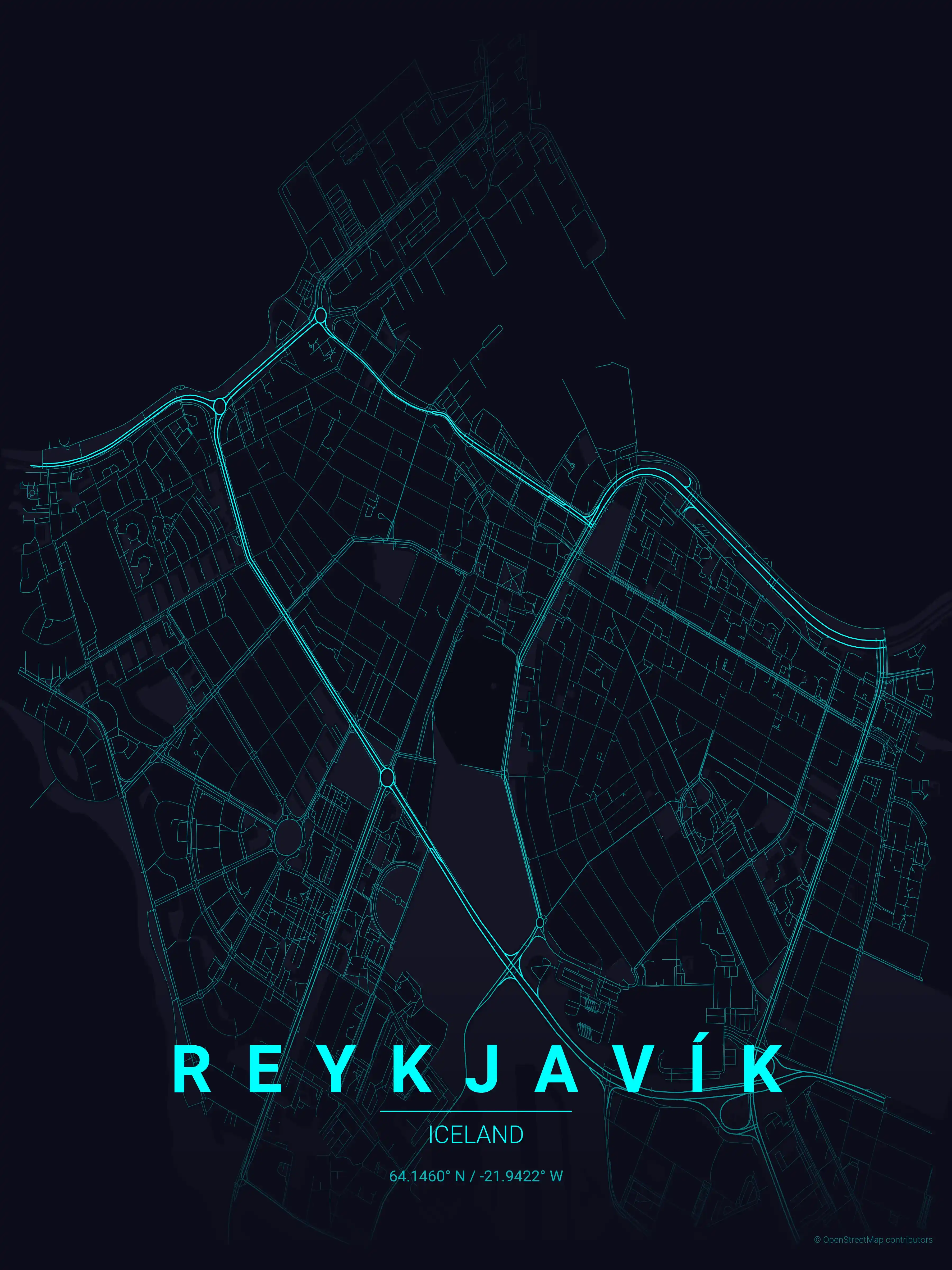 Minimalist neon_cyberpunk street map of Reykjavík, Iceland - Urban grid art