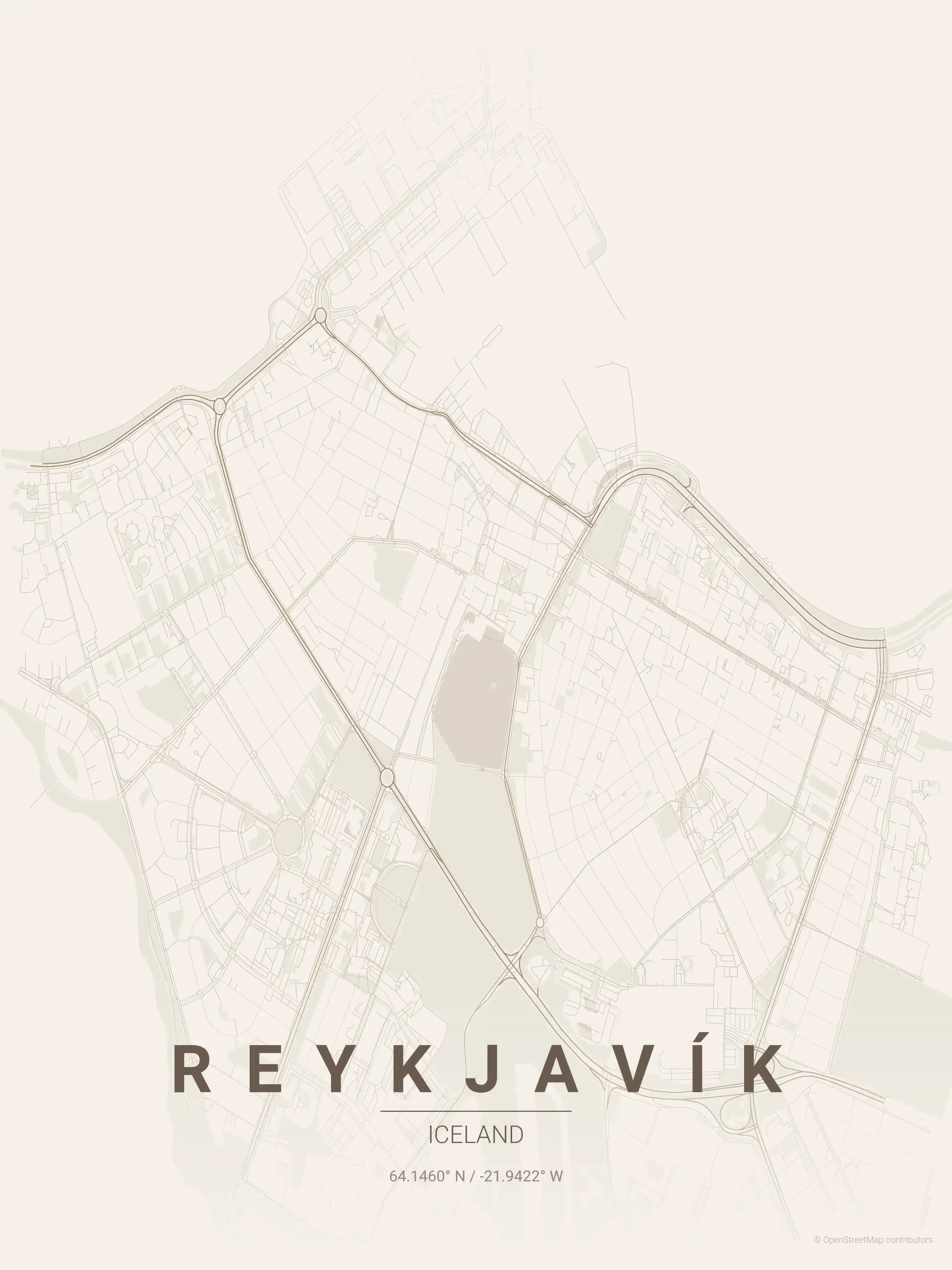 Minimalist warm_beige street map of Reykjavík, Iceland - Urban grid art