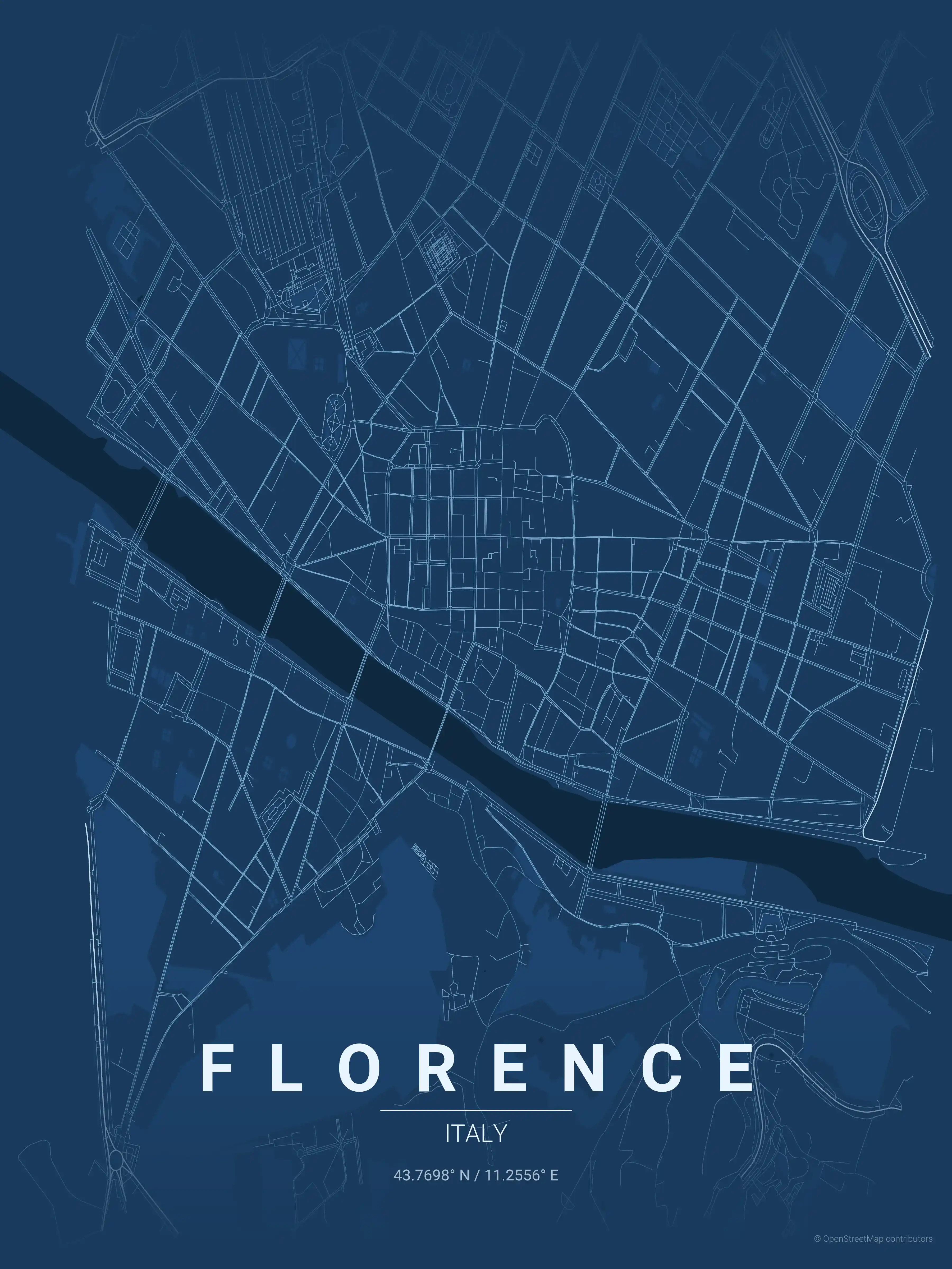Minimalist blueprint street map of Florence, Italy - Urban grid art