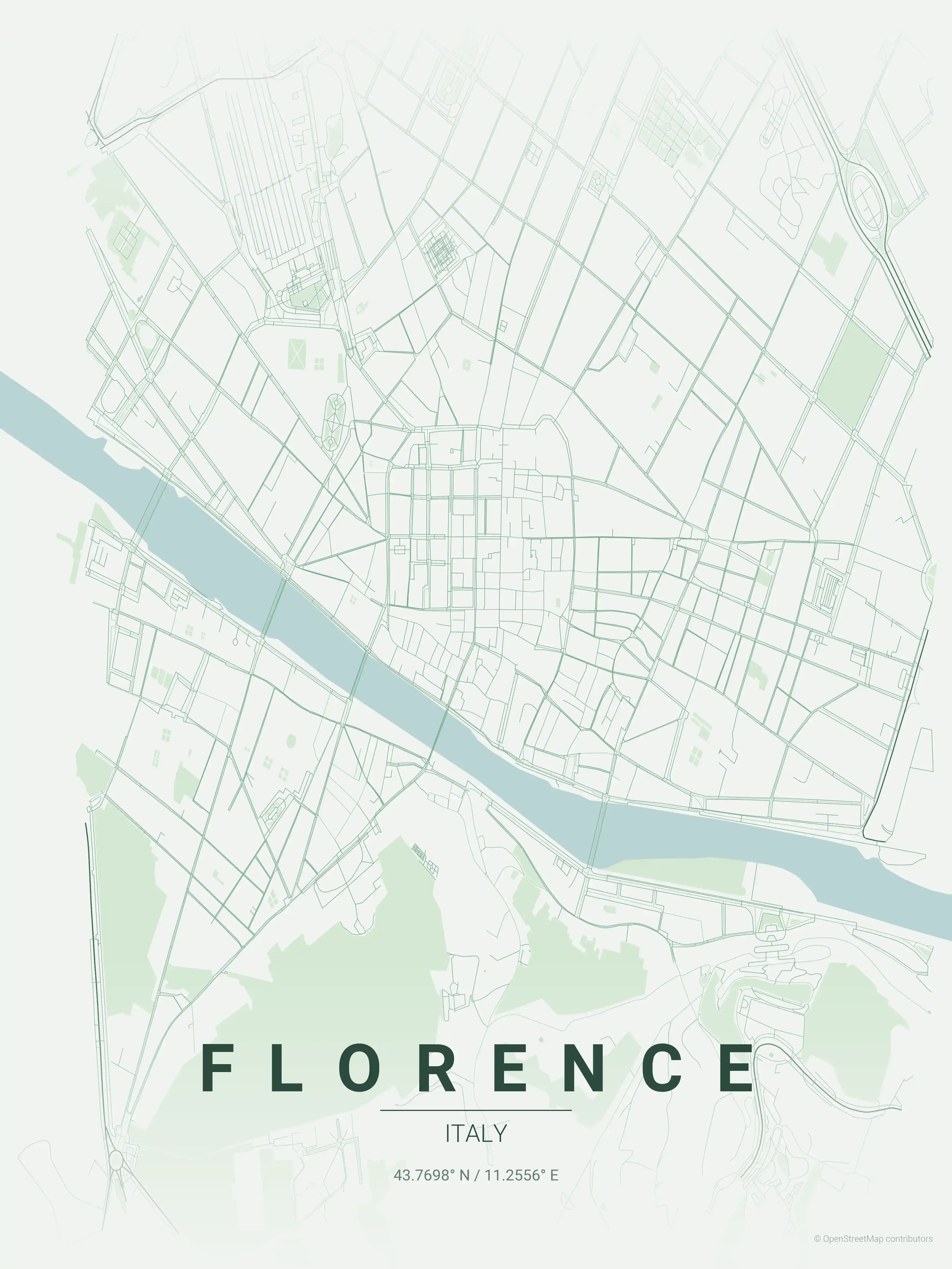 Minimalist forest street map of Florence, Italy - Urban grid art