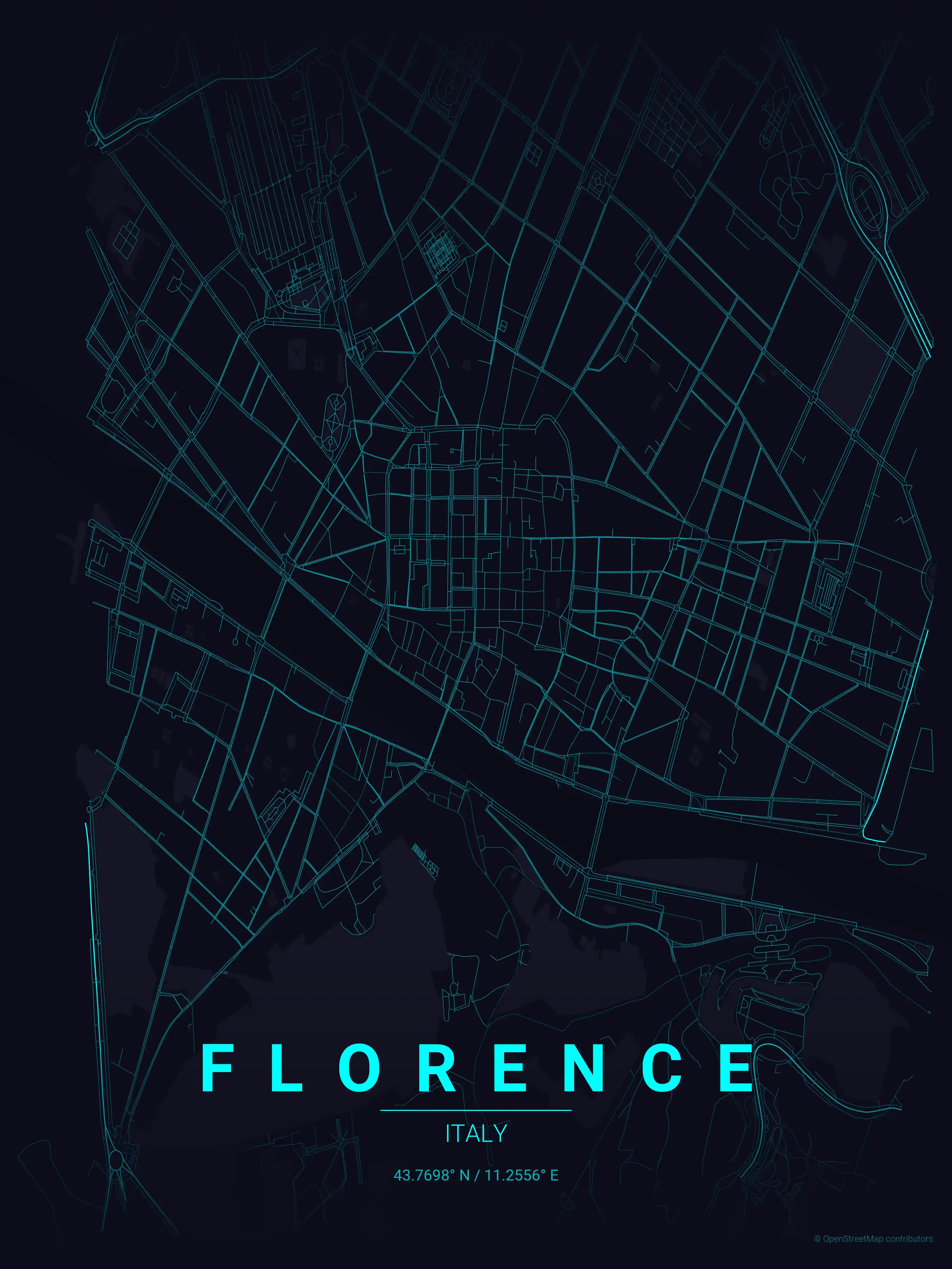 Minimalist neon_cyberpunk street map of Florence, Italy - Urban grid art