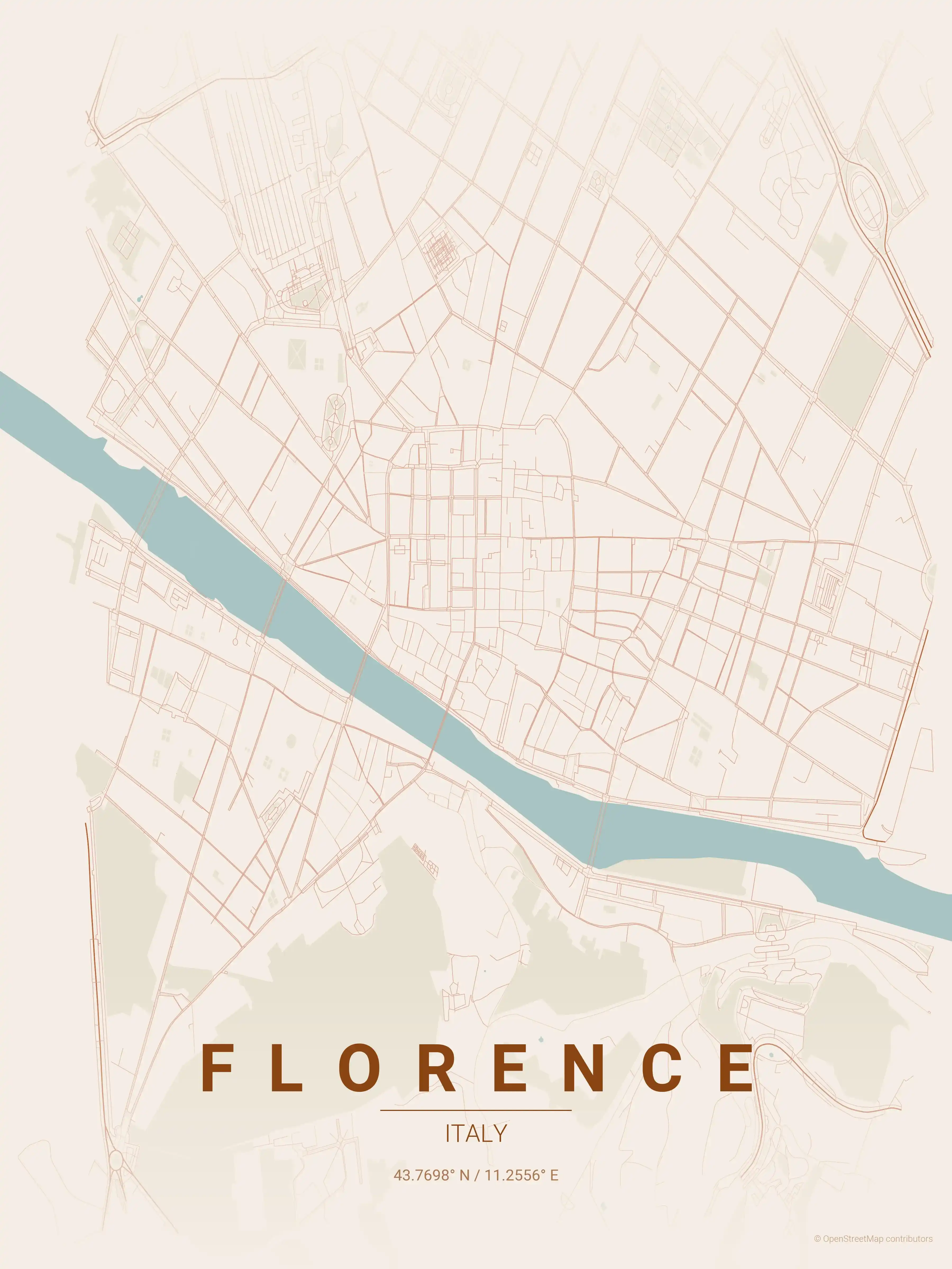 Minimalist terracotta street map of Florence, Italy - Urban grid art
