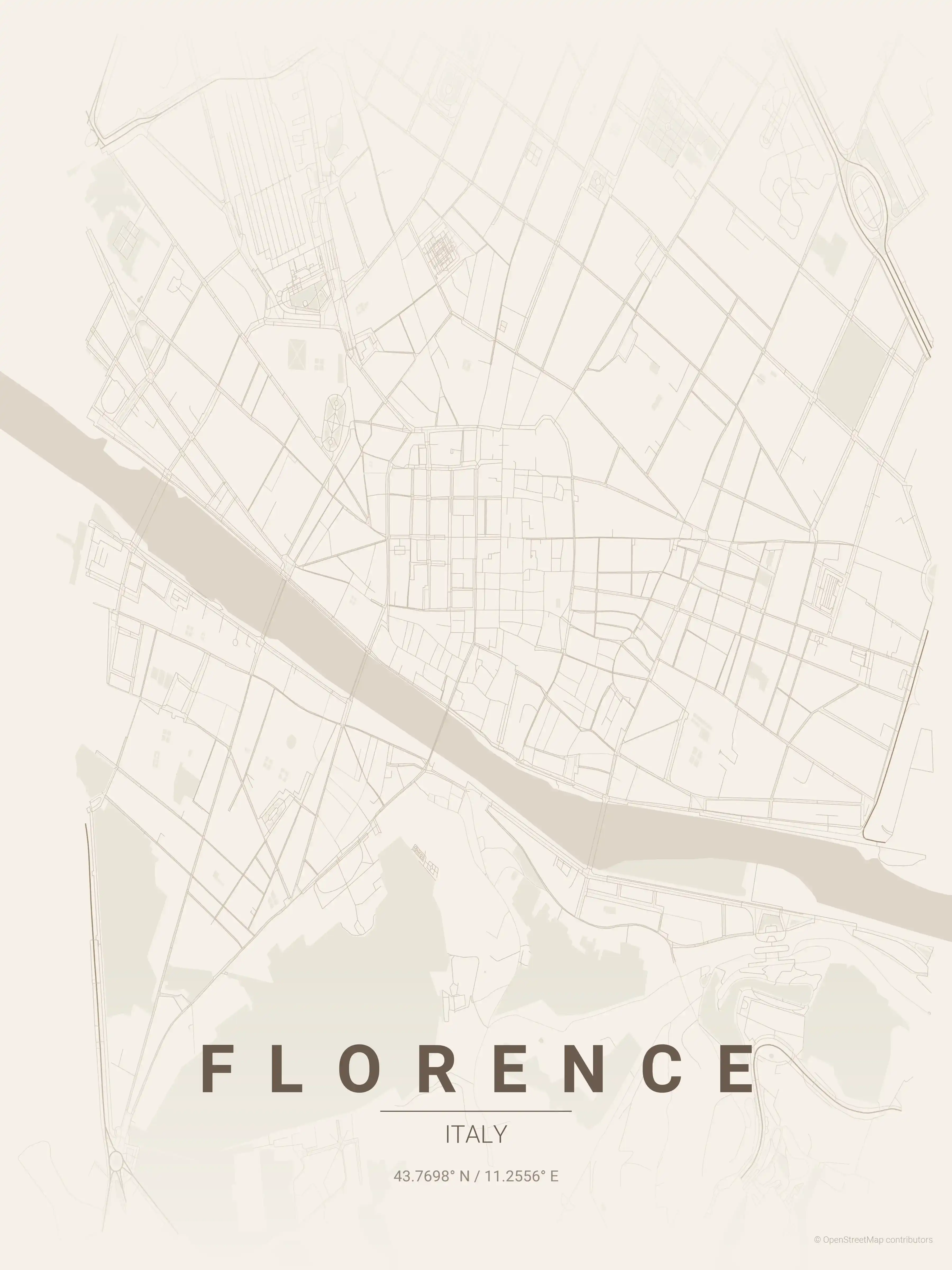 Minimalist warm_beige street map of Florence, Italy - Urban grid art