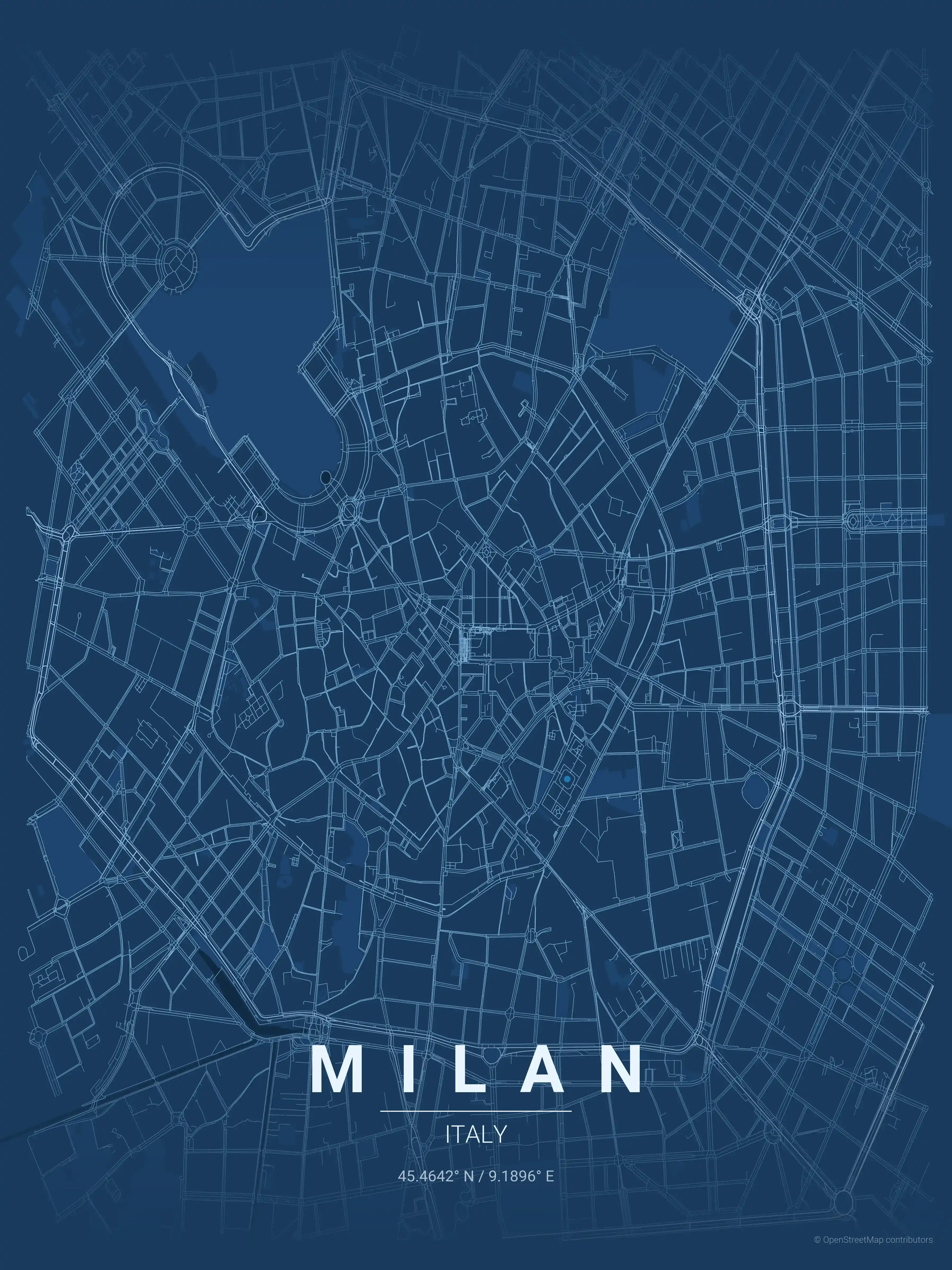Minimalist blueprint street map of Milan, Italy - Urban grid art