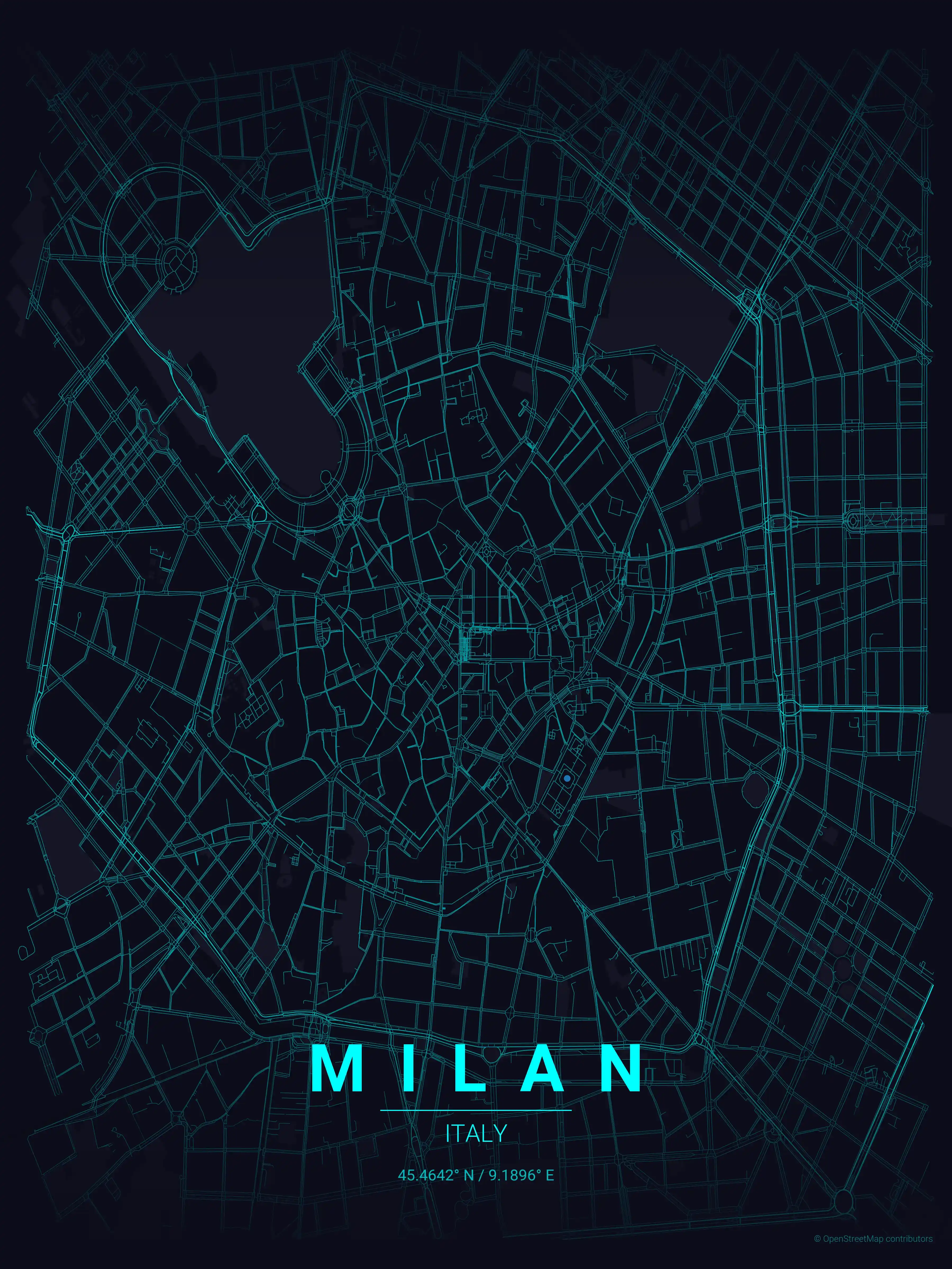 Minimalist neon_cyberpunk street map of Milan, Italy - Urban grid art