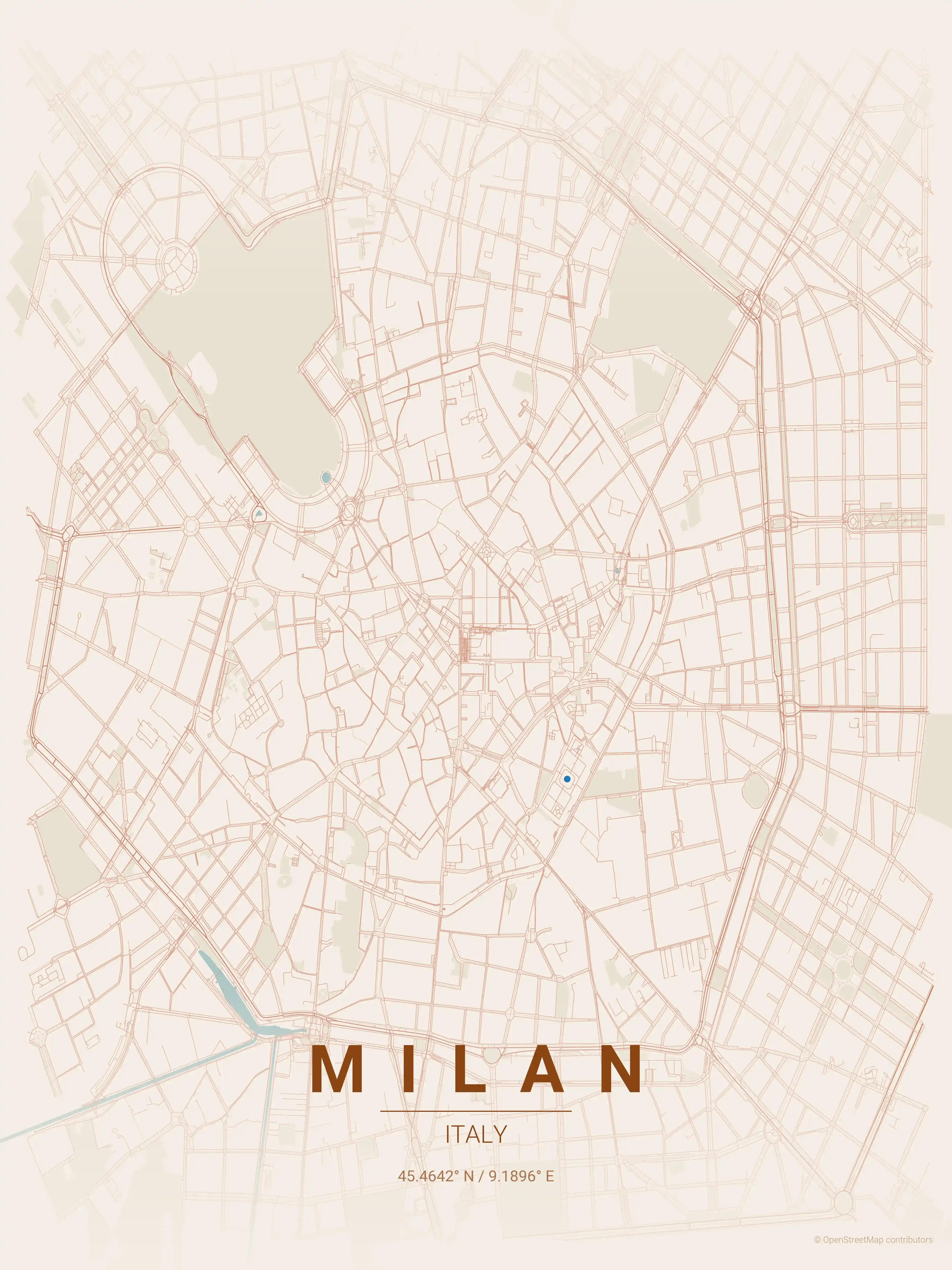 Minimalist terracotta street map of Milan, Italy - Urban grid art