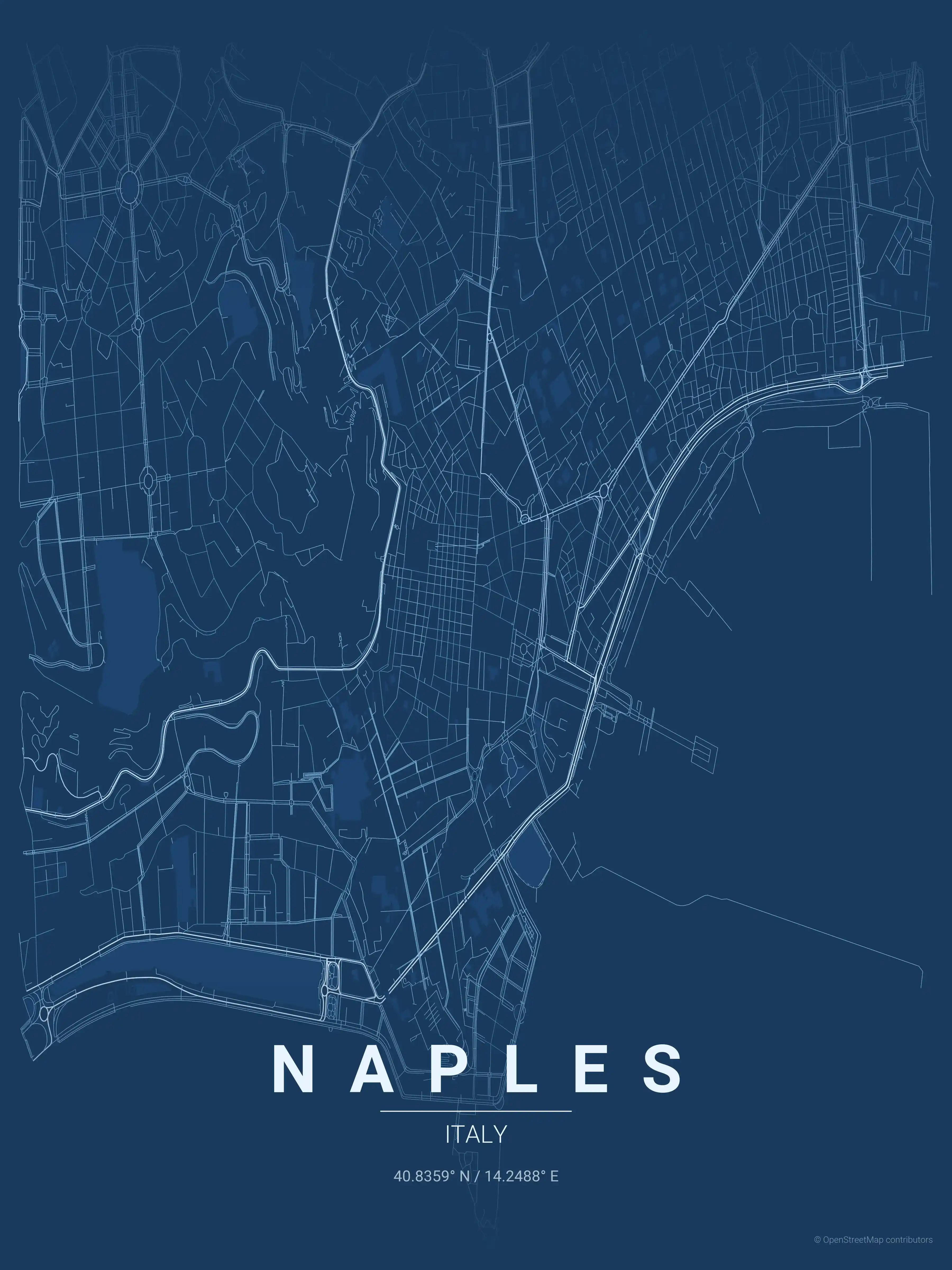 Minimalist blueprint street map of Naples, Italy - Urban grid art