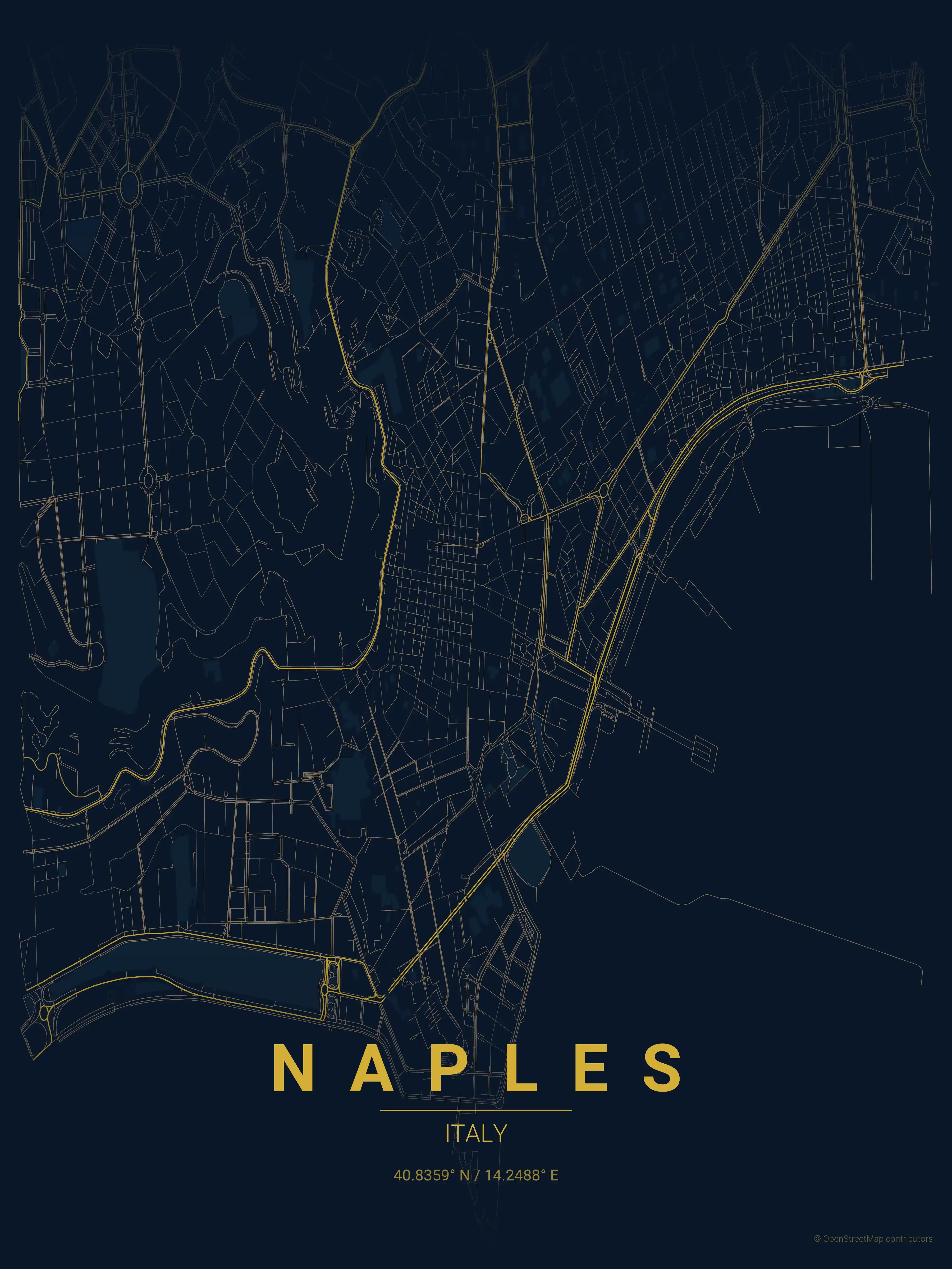 Minimalist midnight_blue street map of Naples, Italy - Urban grid art