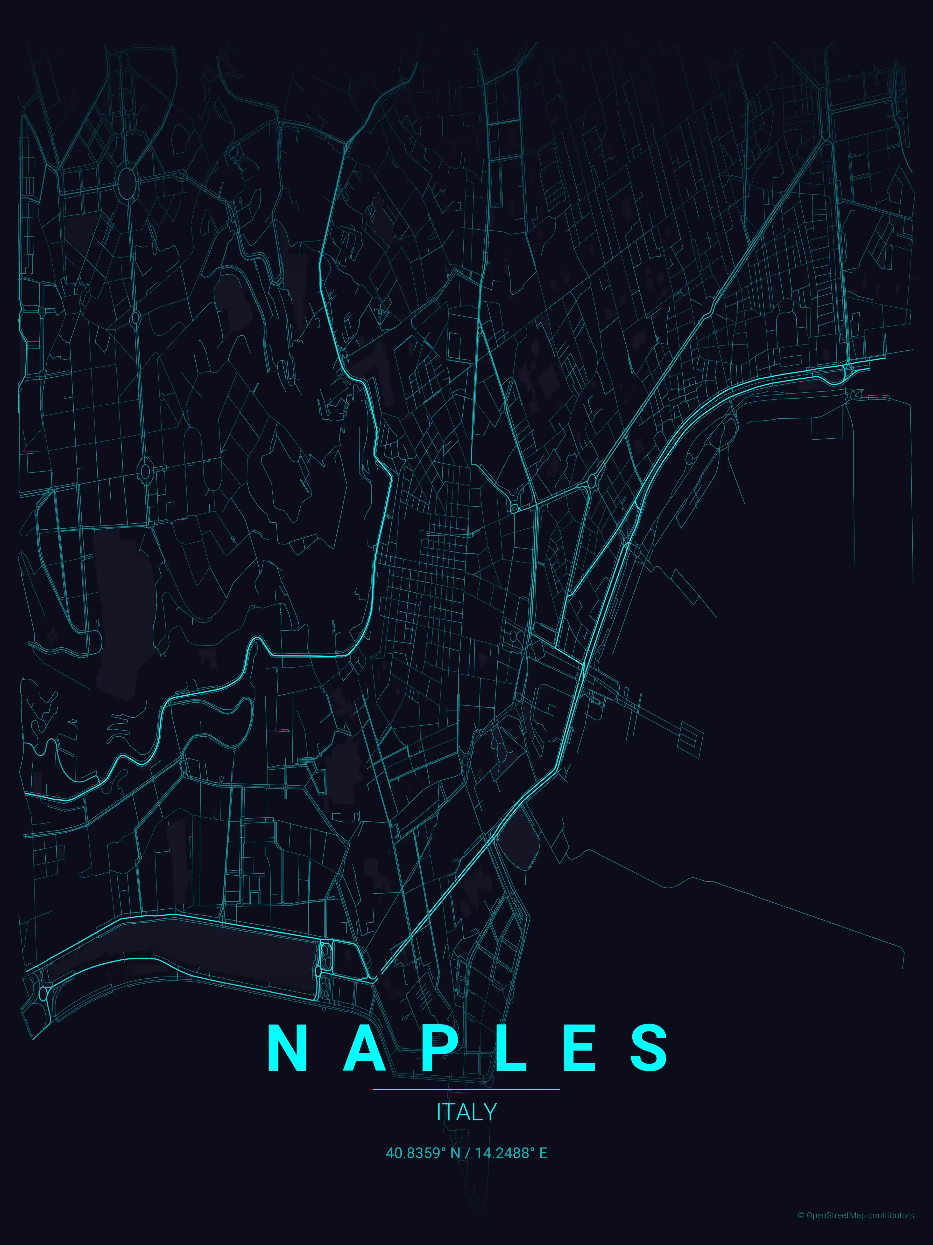 Minimalist neon_cyberpunk street map of Naples, Italy - Urban grid art