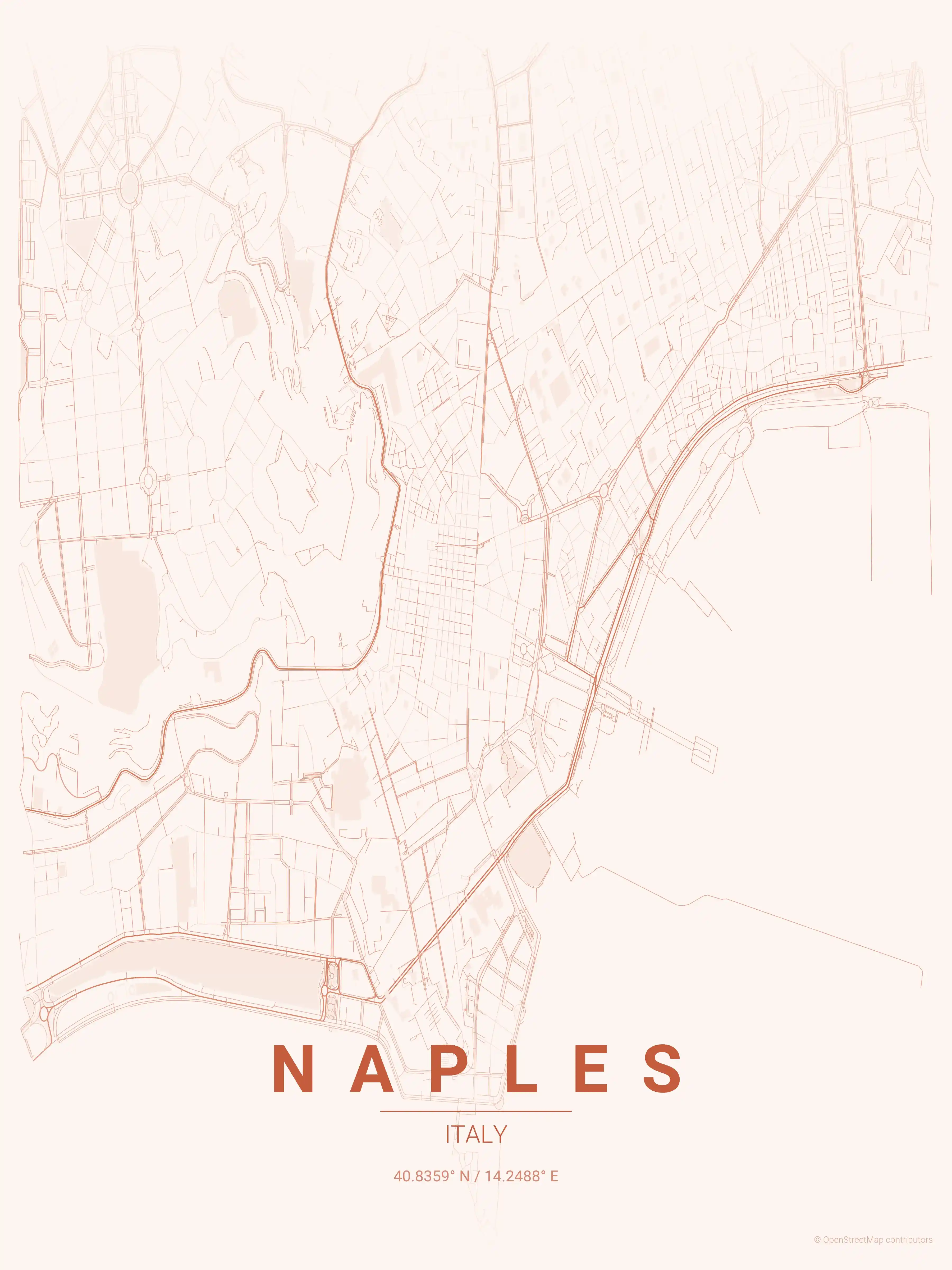 Minimalist sunset street map of Naples, Italy - Urban grid art
