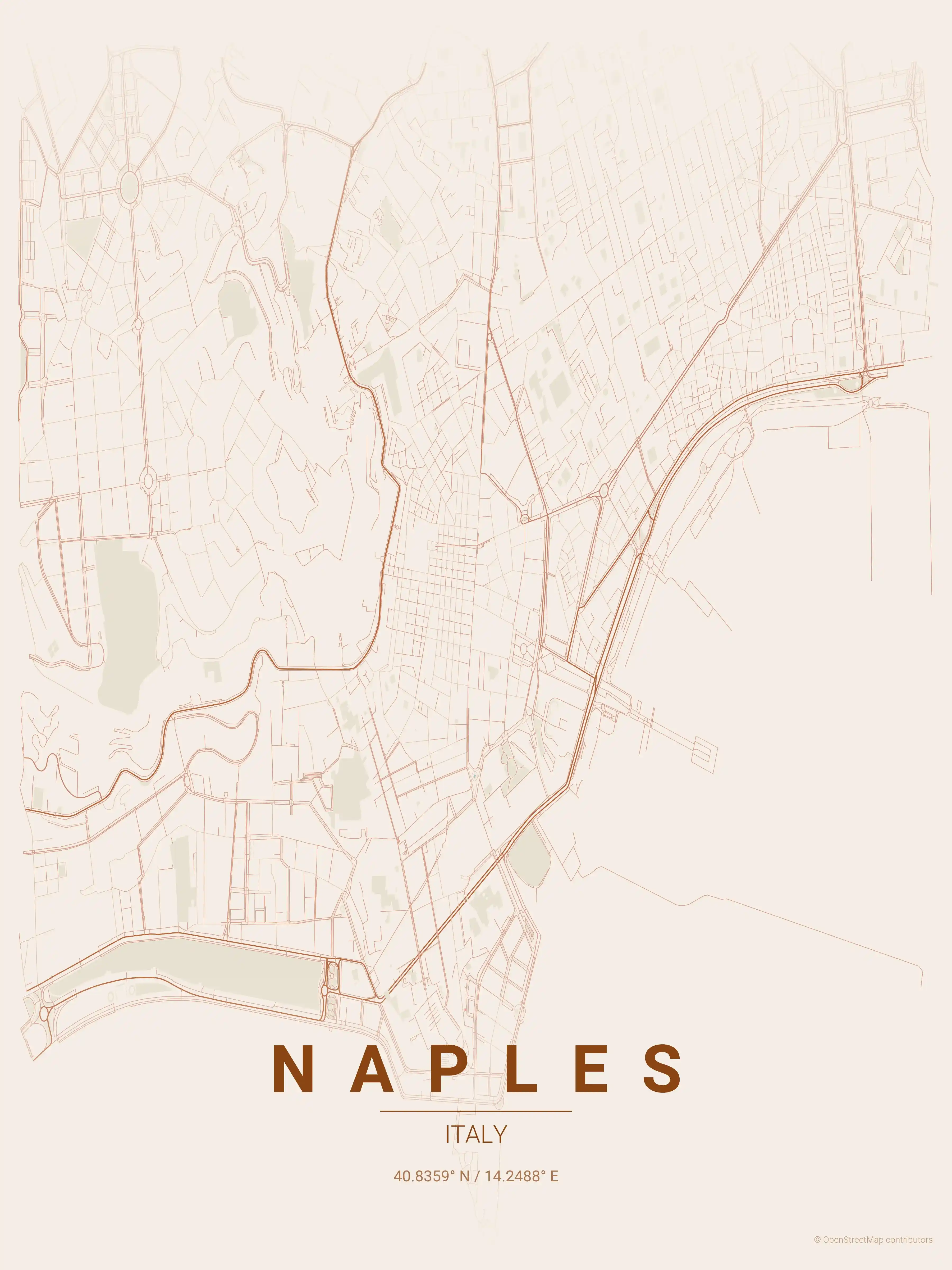 Minimalist terracotta street map of Naples, Italy - Urban grid art