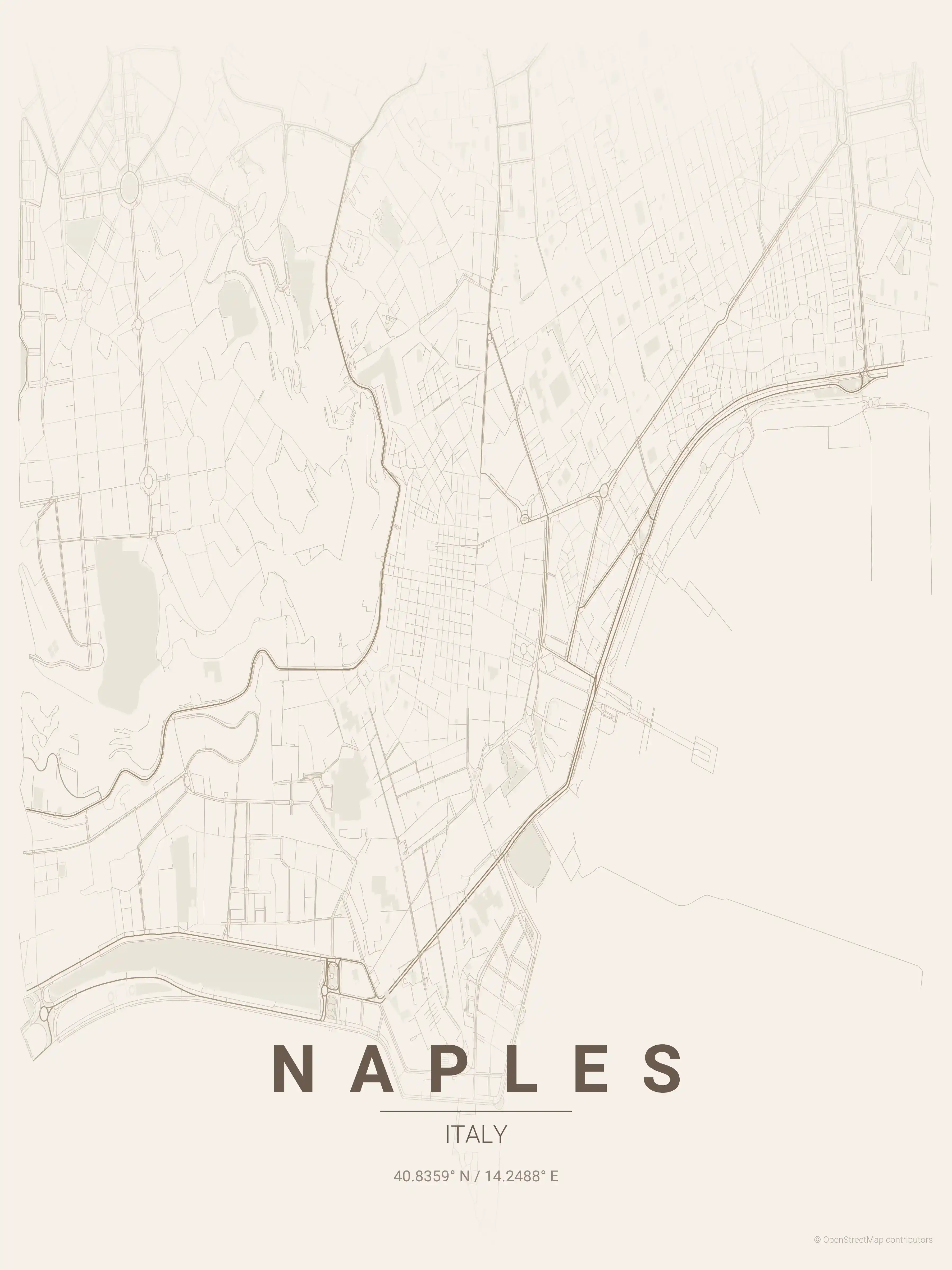 Minimalist warm_beige street map of Naples, Italy - Urban grid art