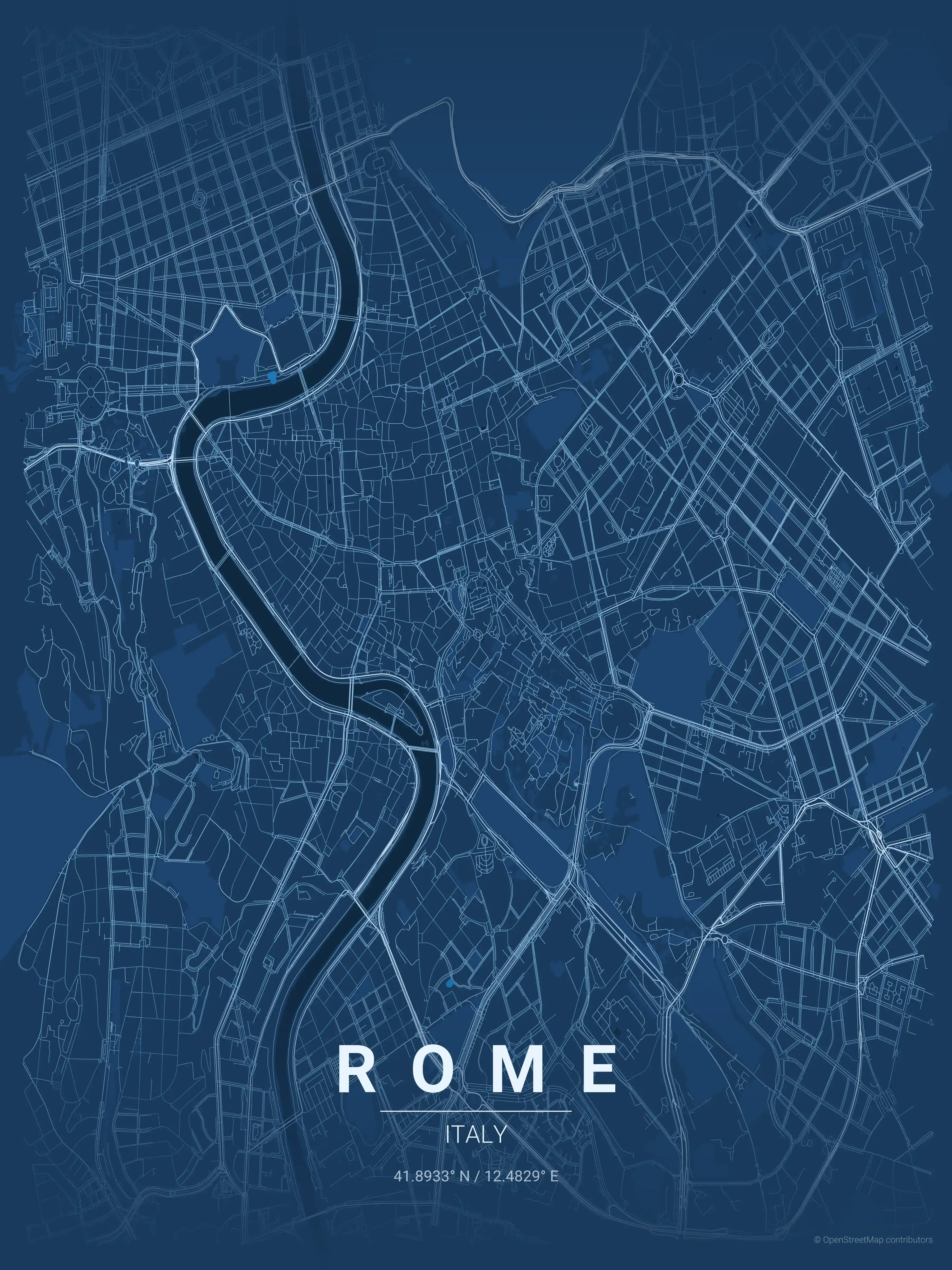 Minimalist blueprint street map of Rome, Italy - Urban grid art