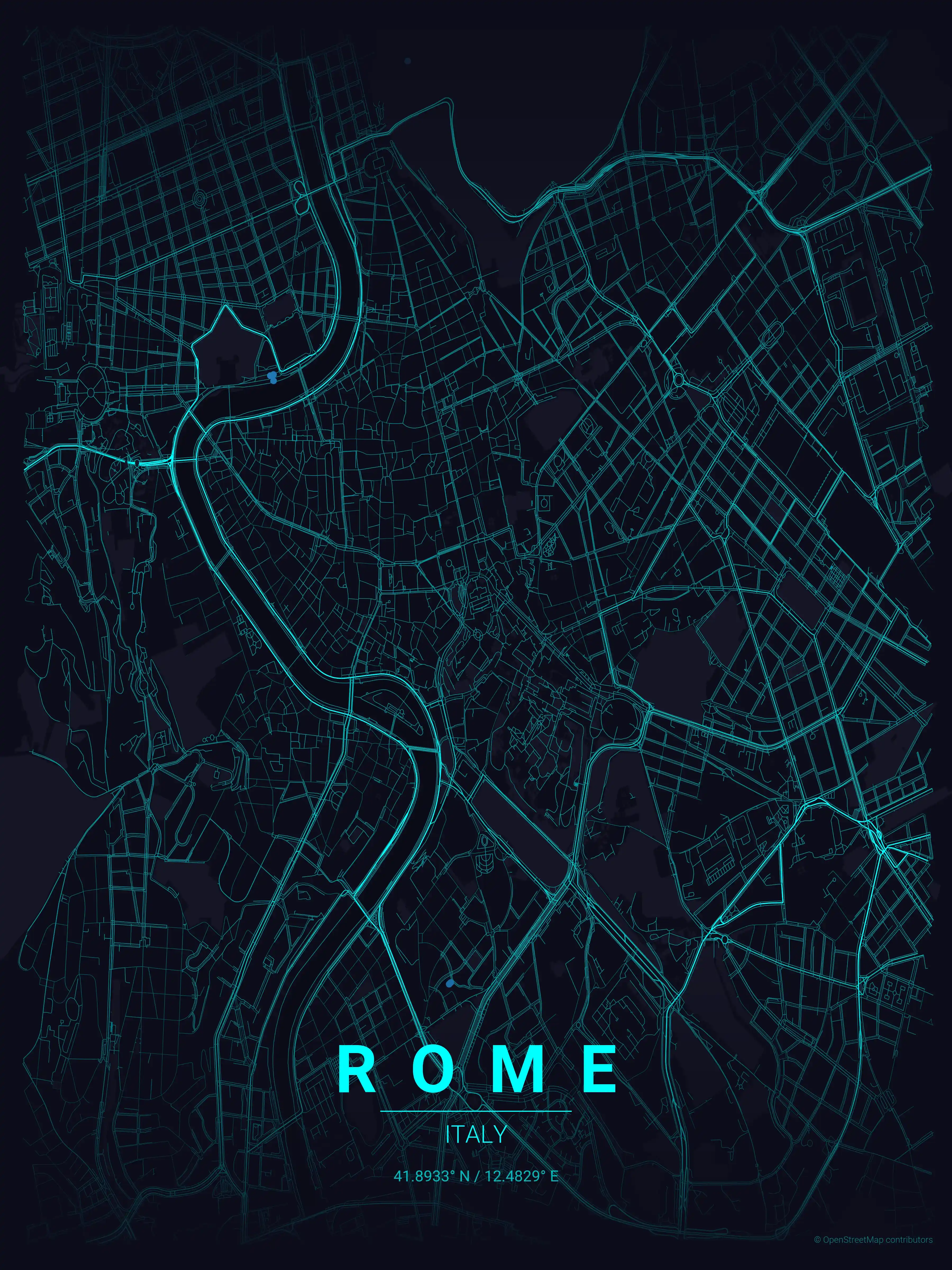 Minimalist neon_cyberpunk street map of Rome, Italy - Urban grid art