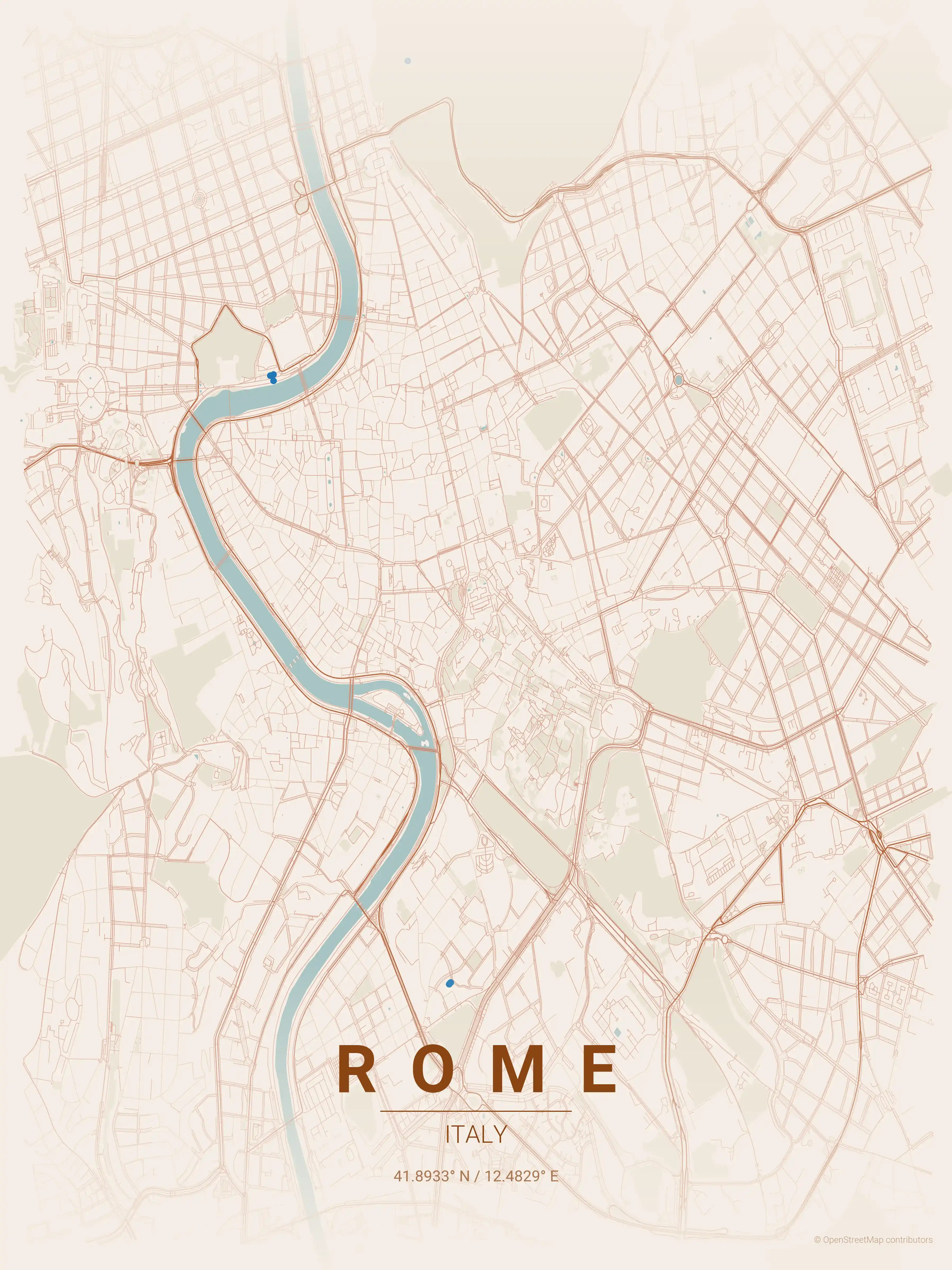 Minimalist terracotta street map of Rome, Italy - Urban grid art
