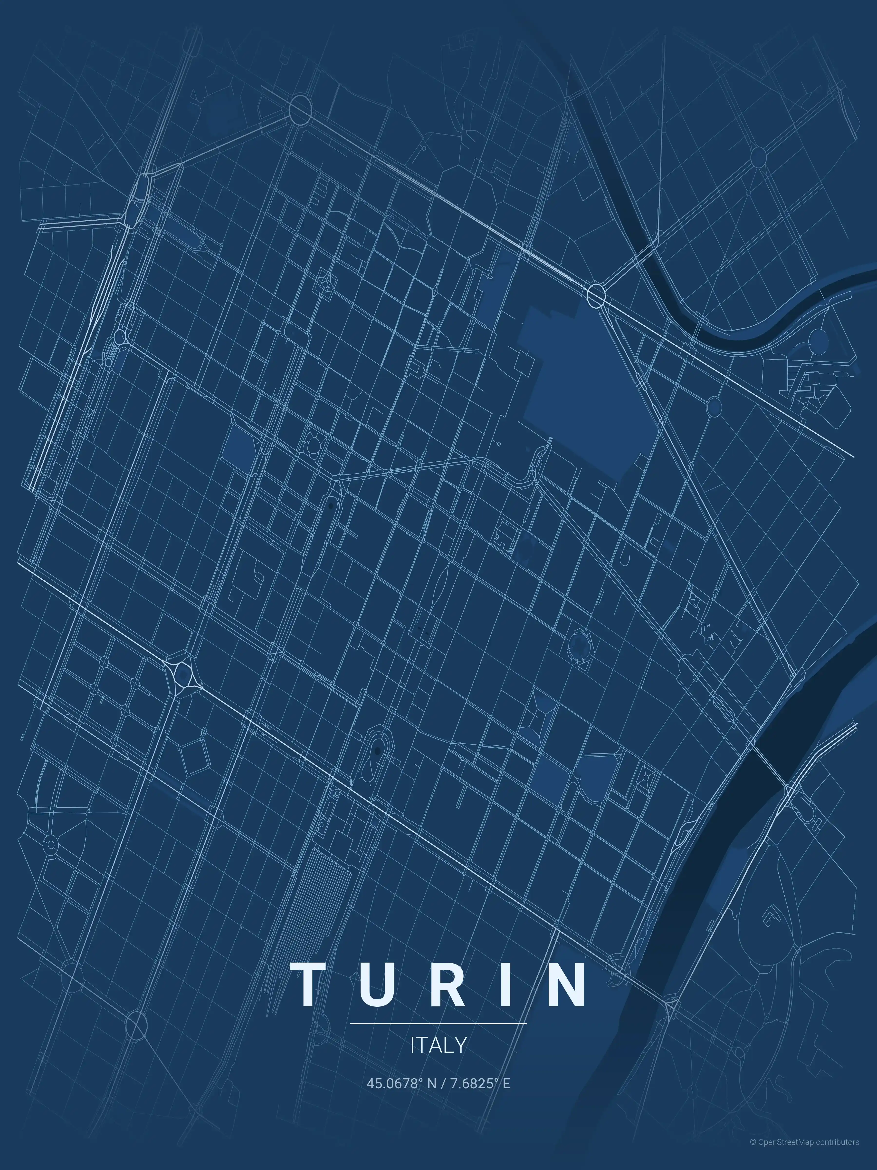 Minimalist blueprint street map of Turin, Italy - Urban grid art