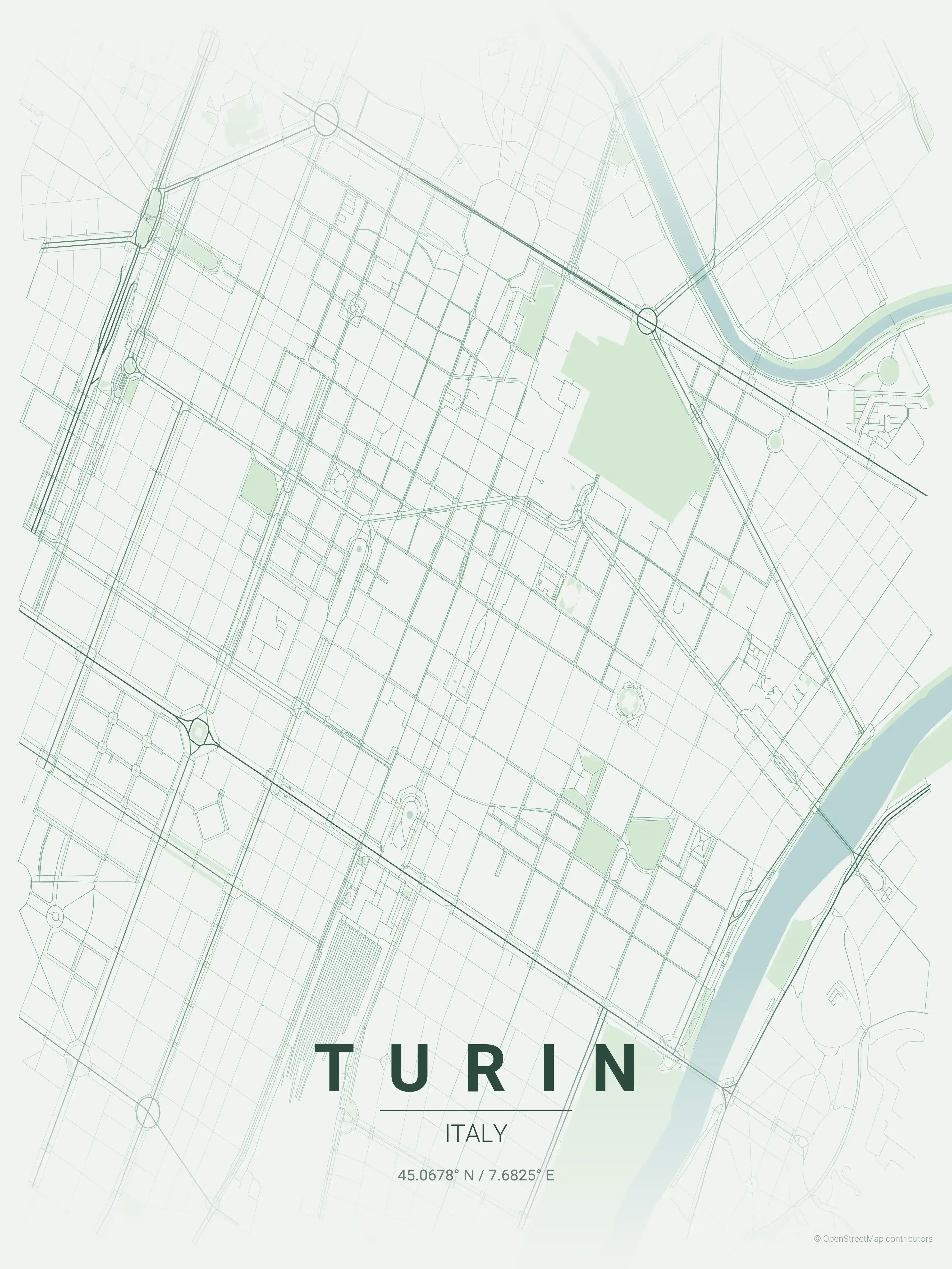 Minimalist forest street map of Turin, Italy - Urban grid art