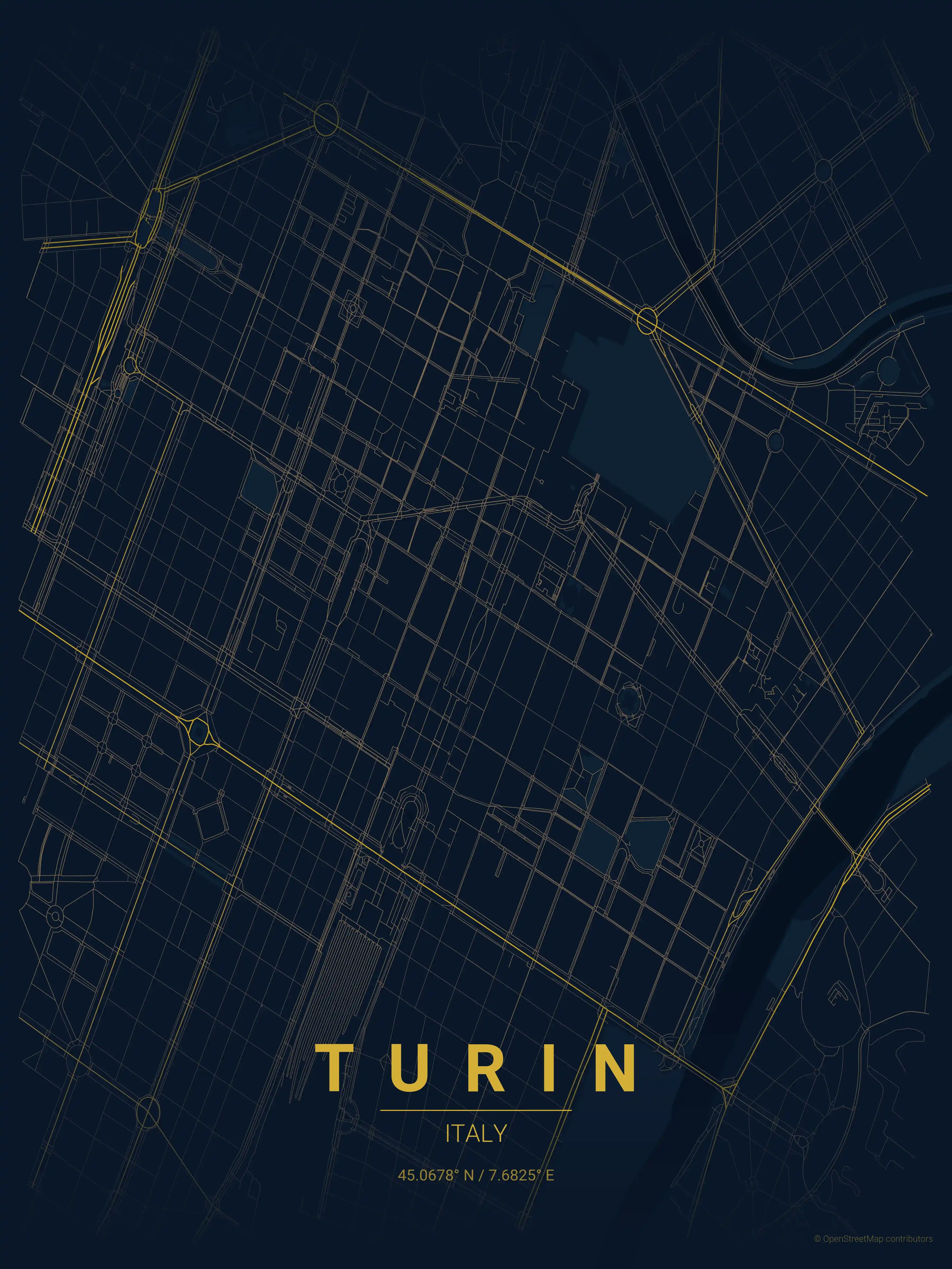 Minimalist midnight_blue street map of Turin, Italy - Urban grid art