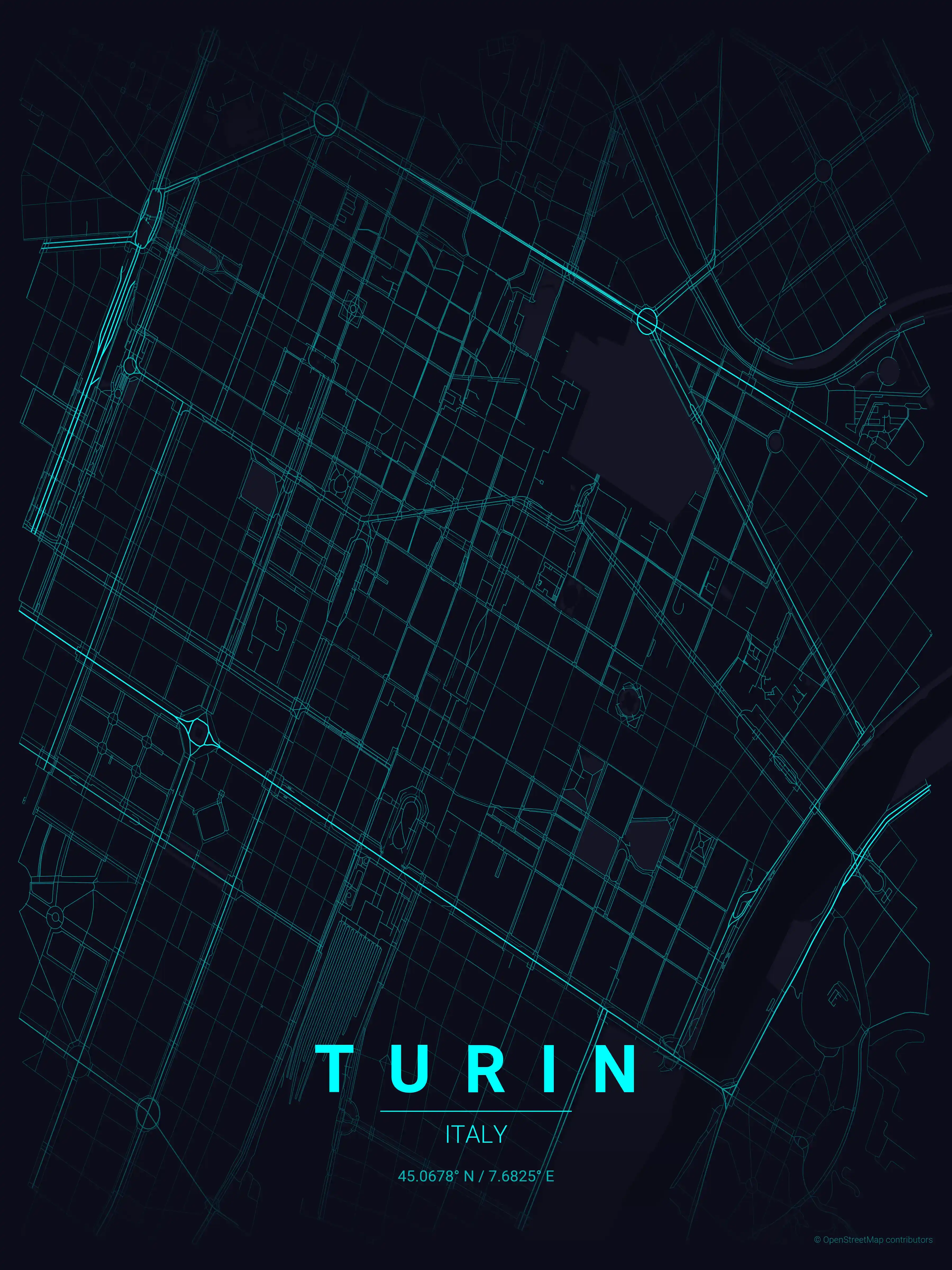 Minimalist neon_cyberpunk street map of Turin, Italy - Urban grid art