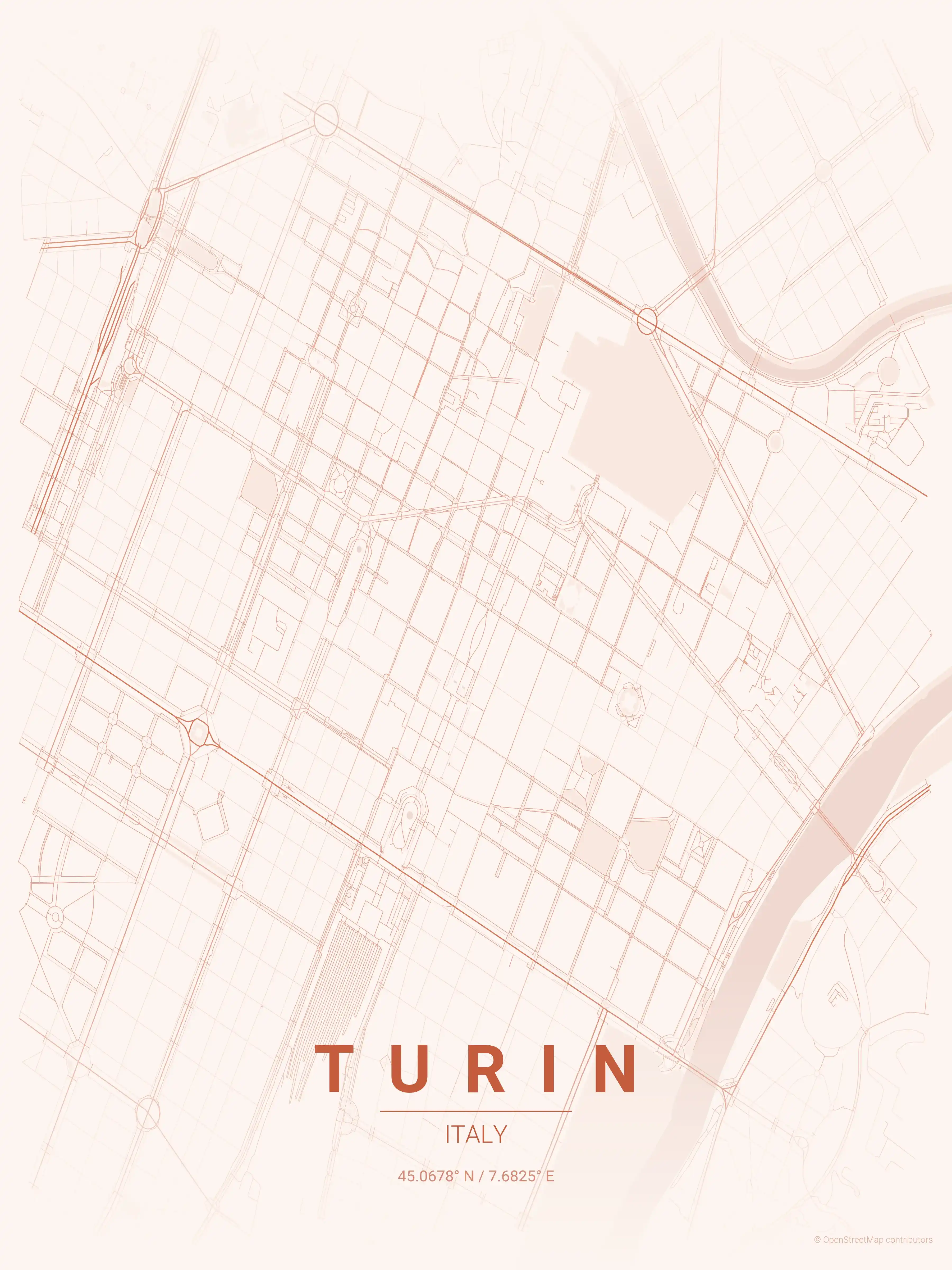 Minimalist sunset street map of Turin, Italy - Urban grid art