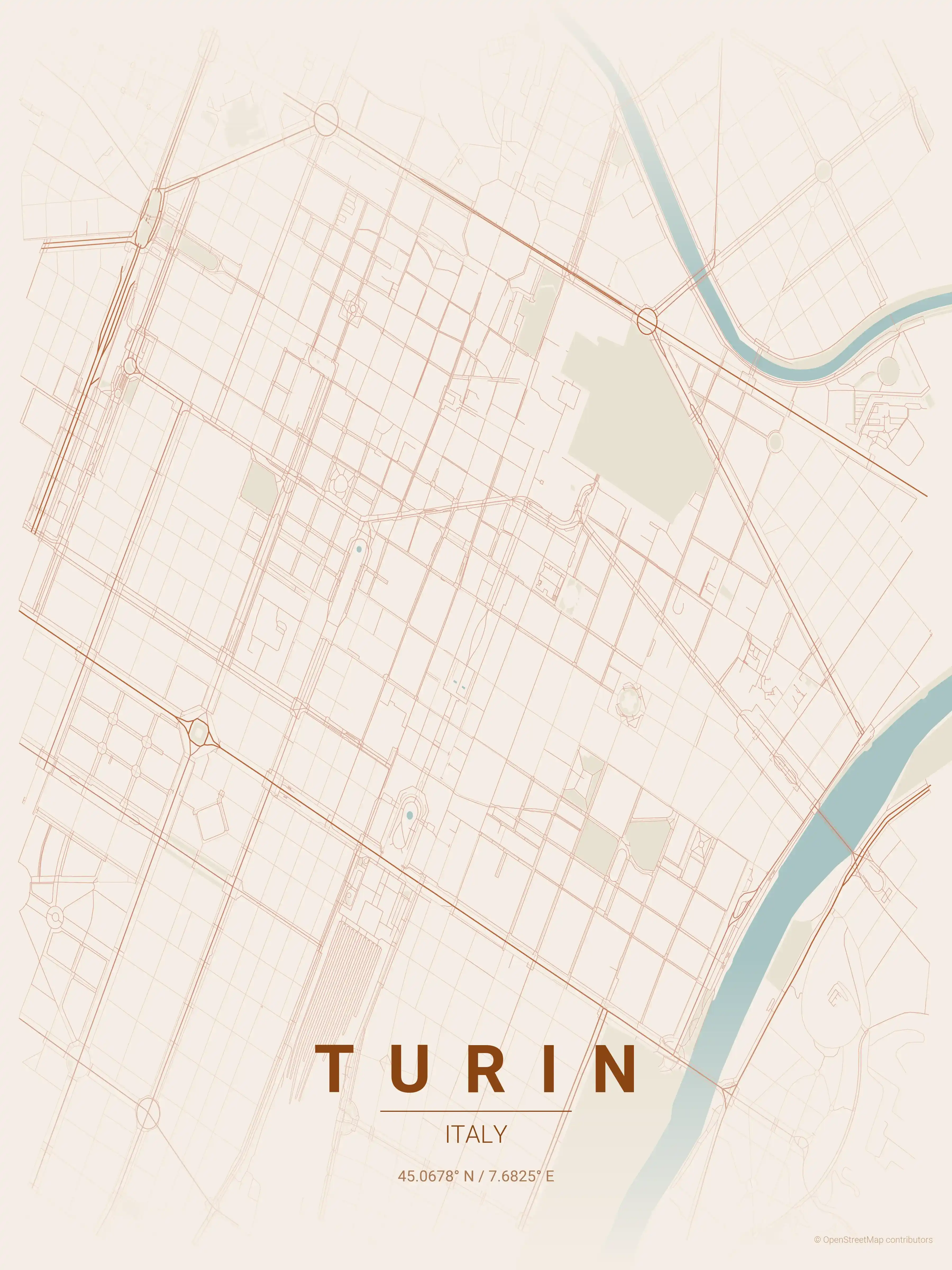 Minimalist terracotta street map of Turin, Italy - Urban grid art
