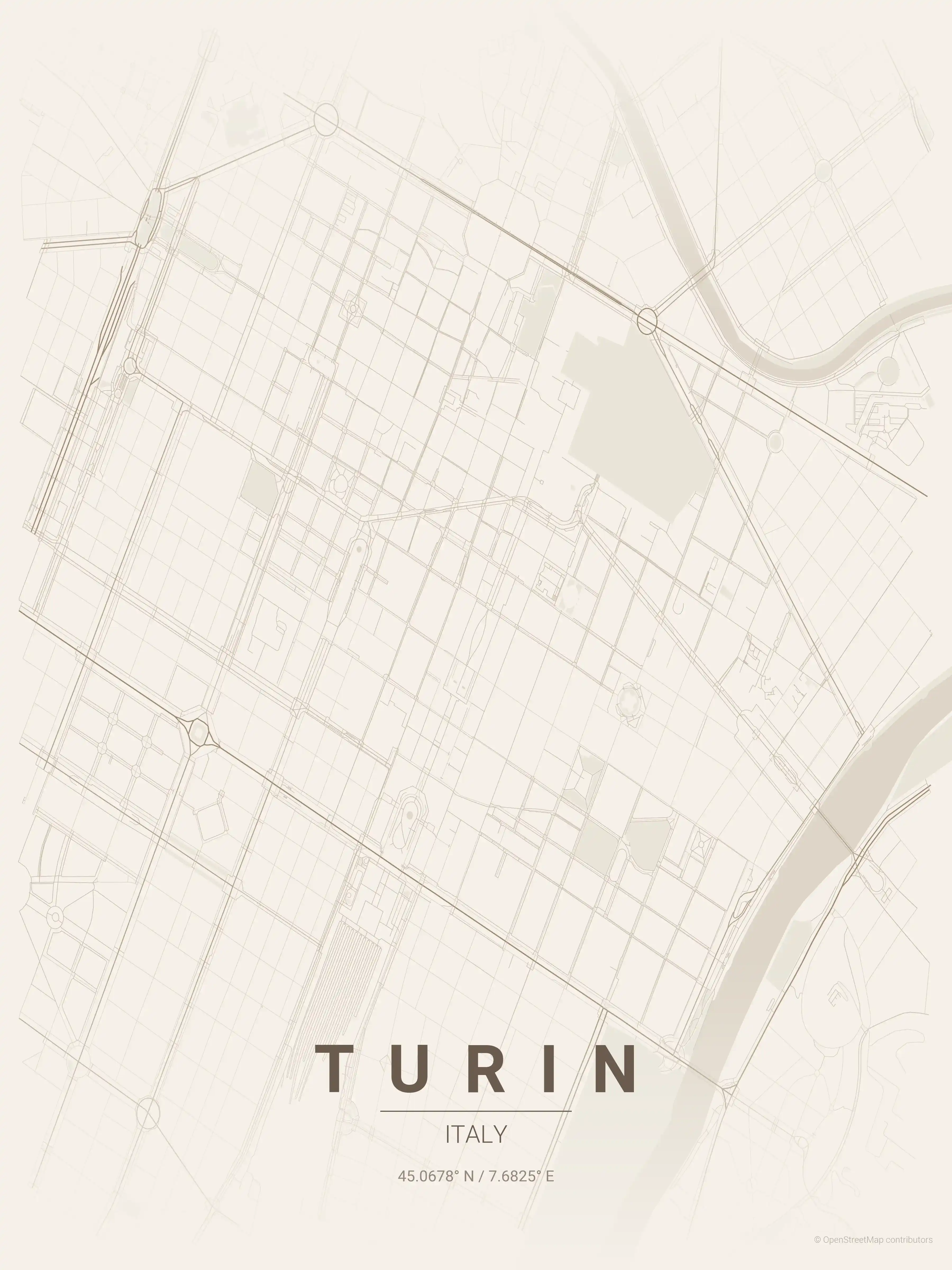 Minimalist warm_beige street map of Turin, Italy - Urban grid art