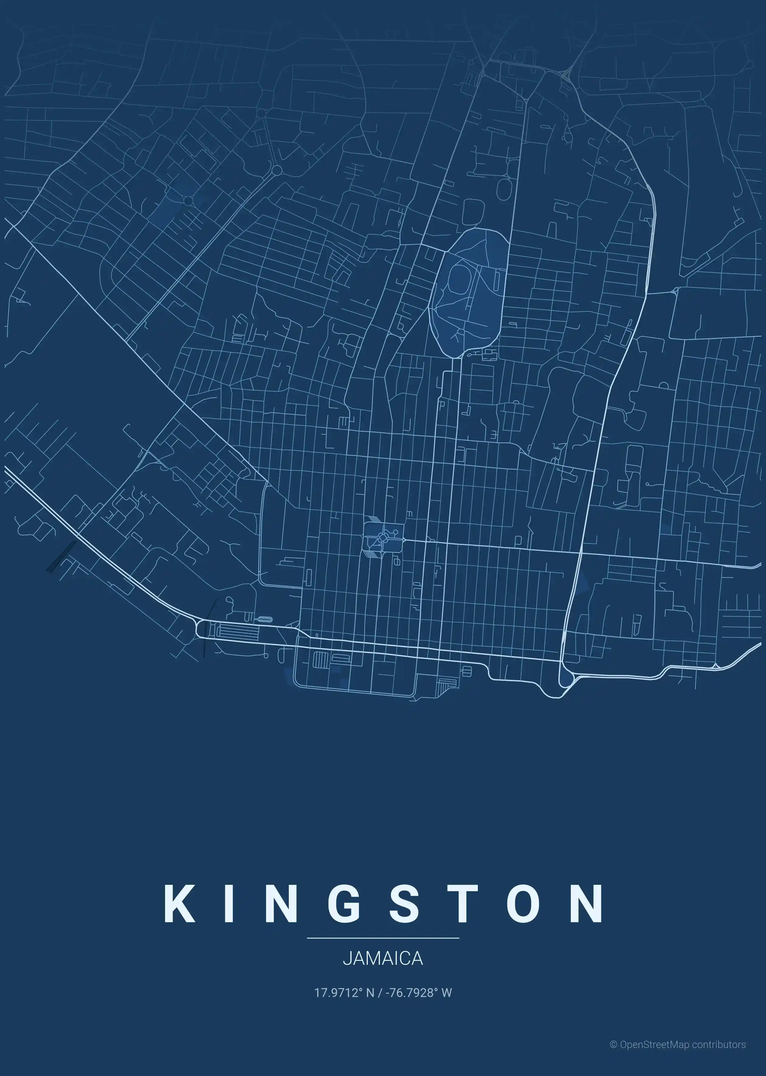 Minimalist blueprint street map of Kingston, Jamaica - Urban grid art