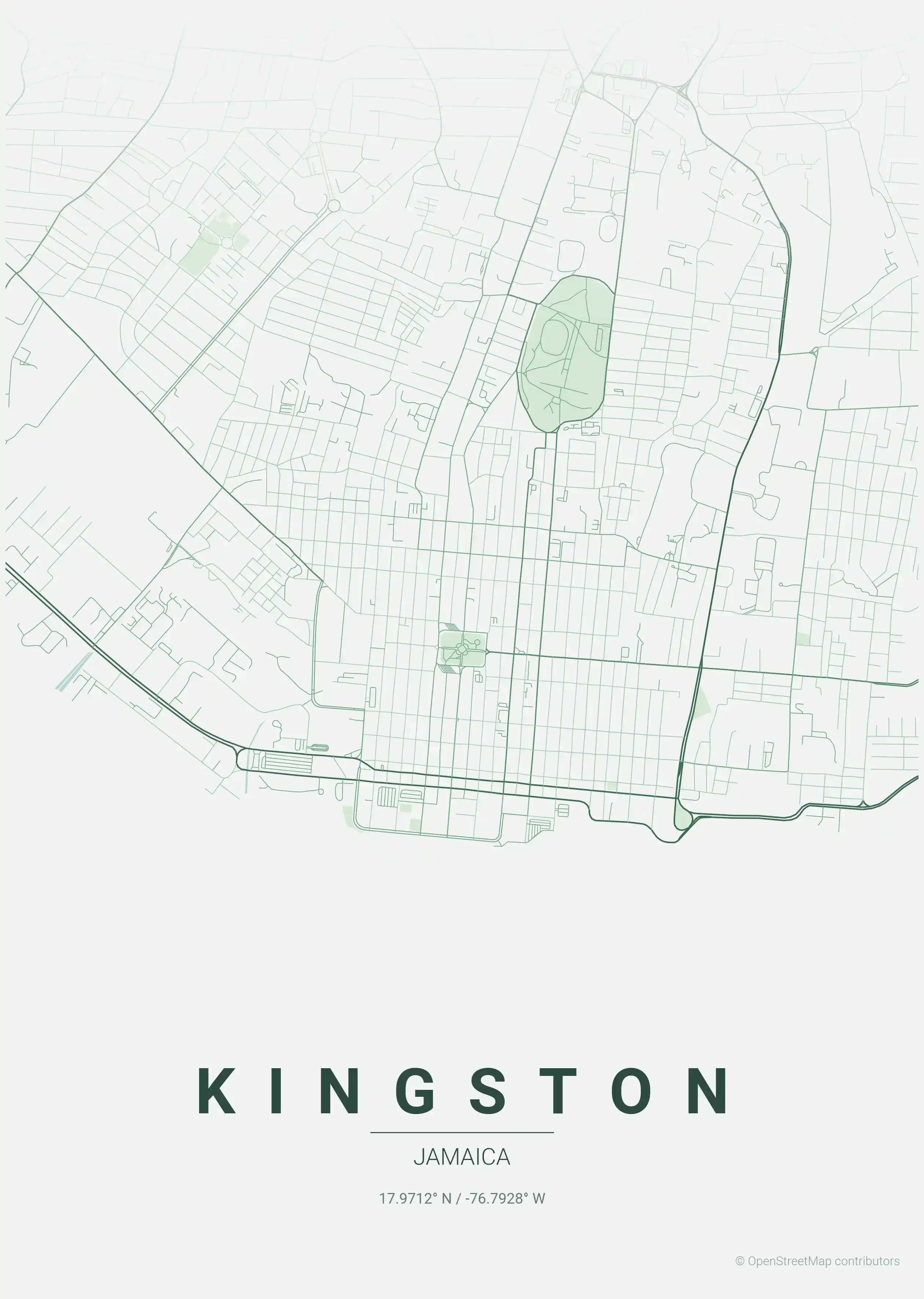 Minimalist forest street map of Kingston, Jamaica - Urban grid art